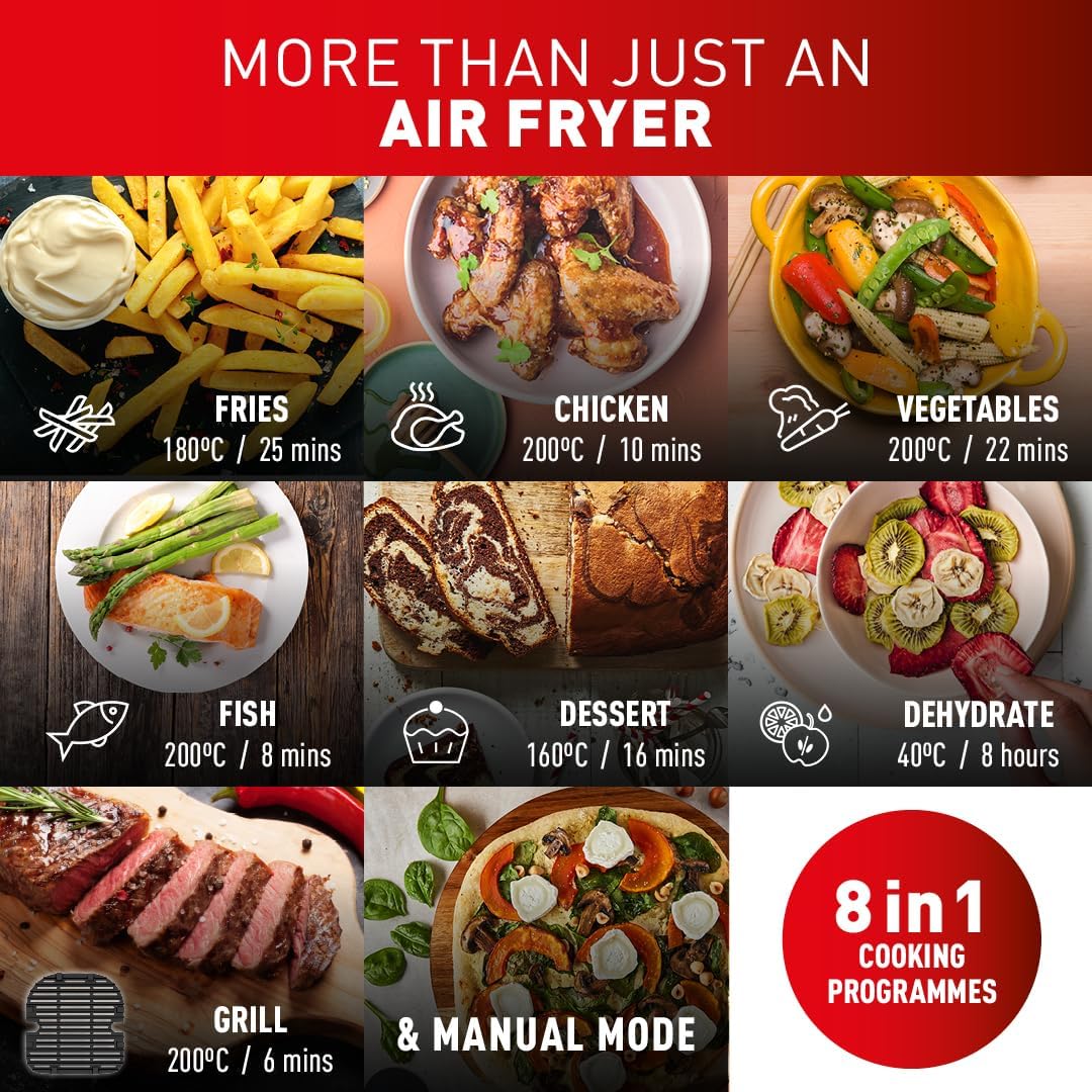 Tefal Easy Fry Dual Zone Digital air fryer, 2 Drawers, 8.3L, 8in1, Uses No Oil, Air Fry, Extra Crisp, Roast, Bake, Reheat, Dehydrate, 6 Portions, Non-Stick, Dishwasher Safe Baskets, Coal Grey EY905B40