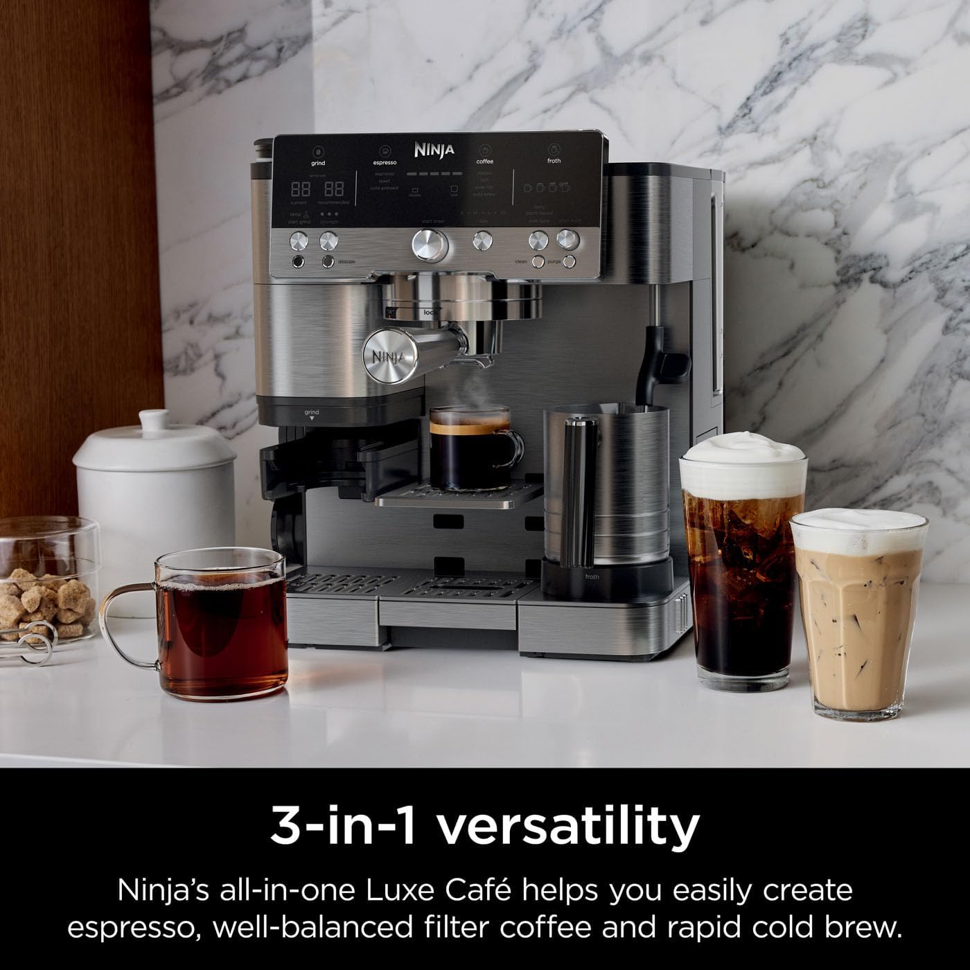 Ninja Luxe Premier 3-in-1 Coffee Machine, Latte, Cappuccino, Cold Brew & Espresso Maker With Built in Bean Grinder & Milk Frother, Easy to Use, 4 Automated Froth Presets, Silver, ES601UK