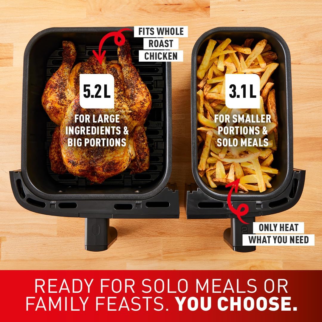 Tefal Easy Fry Dual Zone Digital air fryer, 2 Drawers, 8.3L, 8in1, Uses No Oil, Air Fry, Extra Crisp, Roast, Bake, Reheat, Dehydrate, 6 Portions, Non-Stick, Dishwasher Safe Baskets, Coal Grey EY905B40