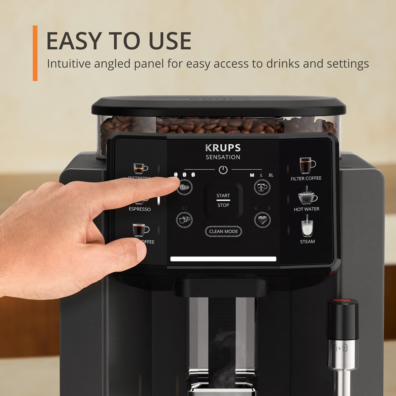 Krups Sensation C50 Fully Automatic Coffee Machine, Bean to Cup, Cappuccino & Latte Maker, Espresso, Americano, One Touch Digital Panel, Lighting Alerts, Convenient Cleaning, Custom settings, EA910840