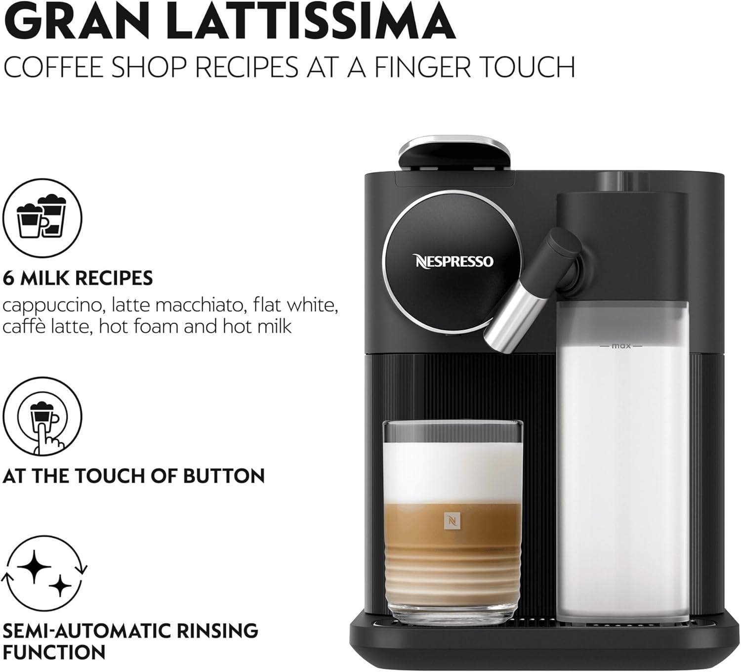 Nespresso Gran Lattissima Coffee Machine by De'Longhi for Original Coffee Pods, Latte, Cappuccino, Integrated Milk Frother, Starter Capsule Set Included, EN640.B, Black