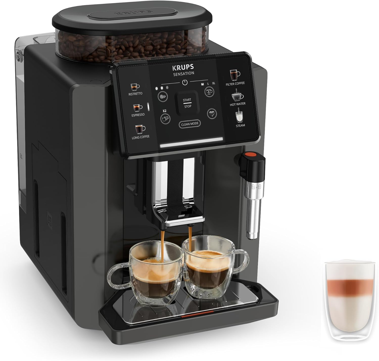 Krups Sensation C50 Fully Automatic Coffee Machine, Bean to Cup, Cappuccino & Latte Maker, Espresso, Americano, One Touch Digital Panel, Lighting Alerts, Convenient Cleaning, Custom settings, EA910840