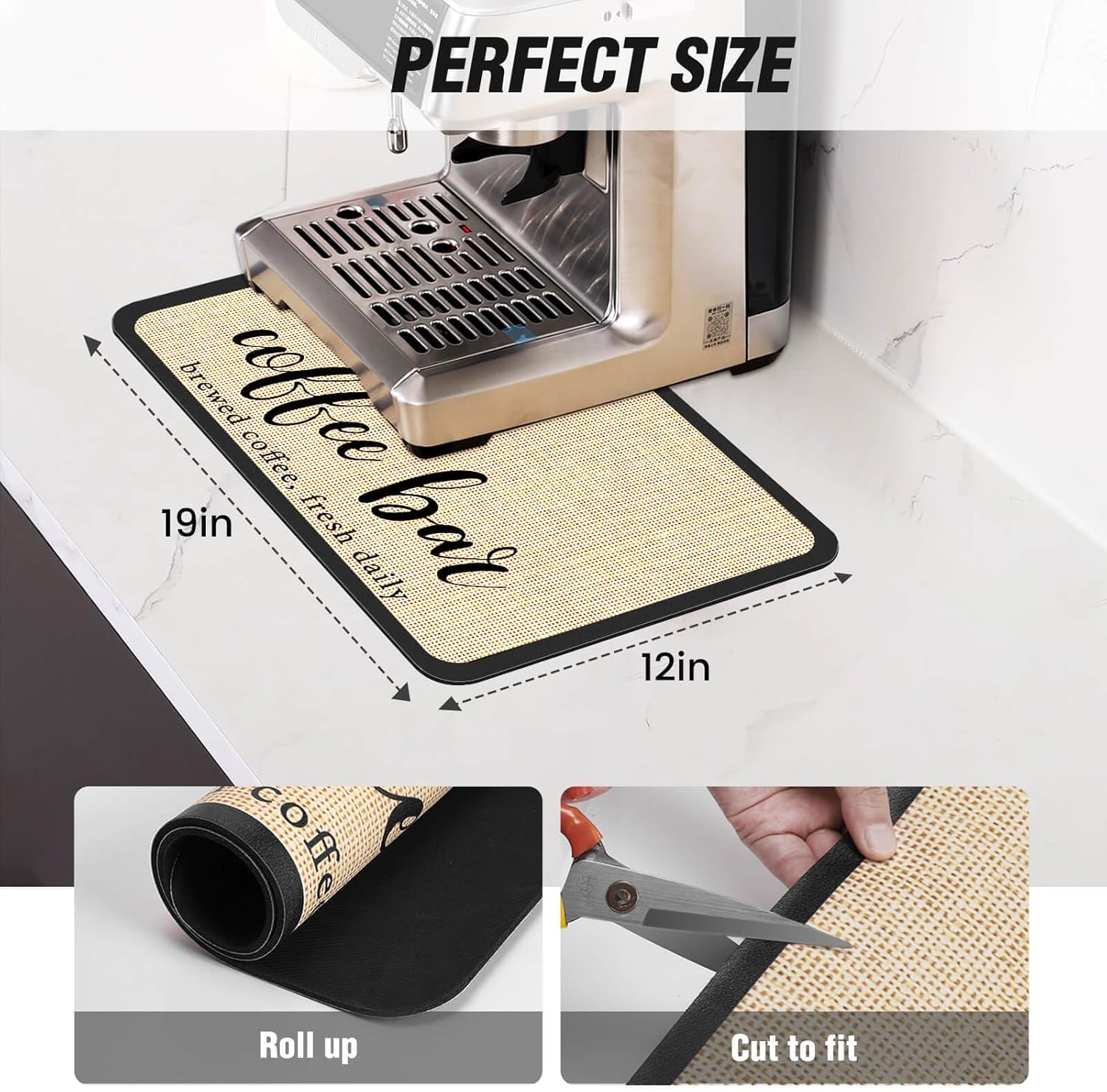 DK177 Coffee Bar Mat - Hide Stain Absorbent Drying Mat with Waterproof Rubber Backing - Fit Under Coffee Maker, Machine, Pot or Espresso Machine (19''X12'')