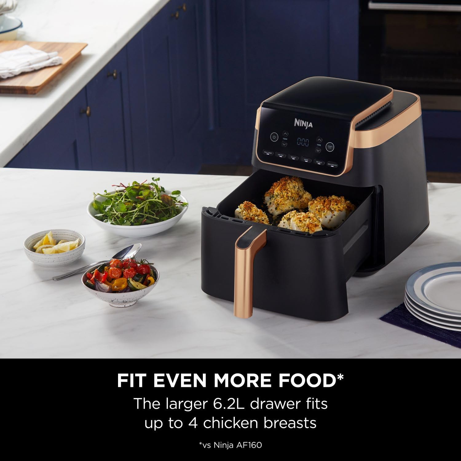 Ninja Air Fryer MAX PRO, 6.2L, Uses No Oil, Large Square Single Drawer, Roast, Bake, Air Fry, Family Size, Non-Stick, Dishwasher Safe Basket & Crisper Plate, Silicone Tongs, Black & Copper, AF180UKCP