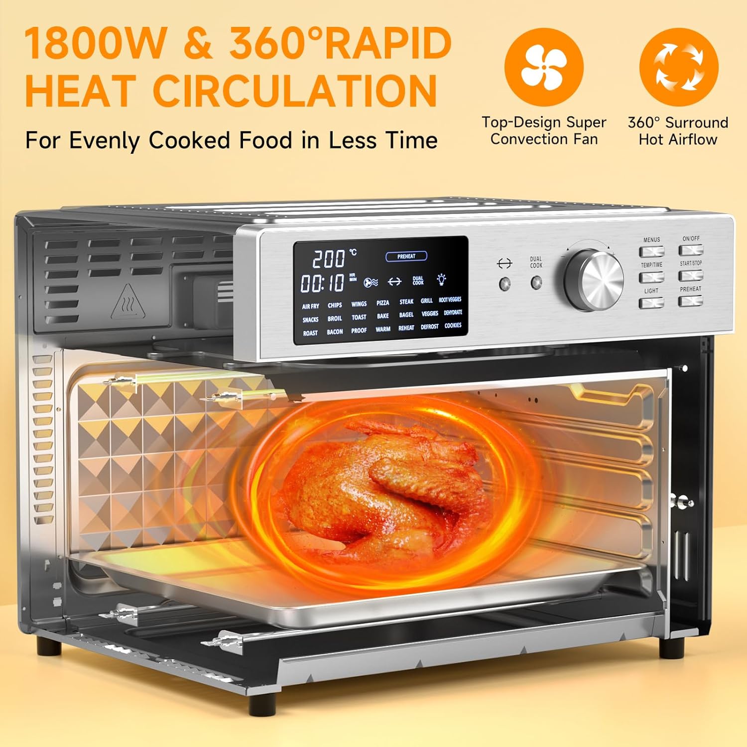 30L Air Fryer Oven With Rotisserie, 1800W & 21 Preset Mode Countertop Convection Mini Oven with Digital LCD Display, Timer & Temperature Control for Cooking, Double Glass Door, Full Accessory Set