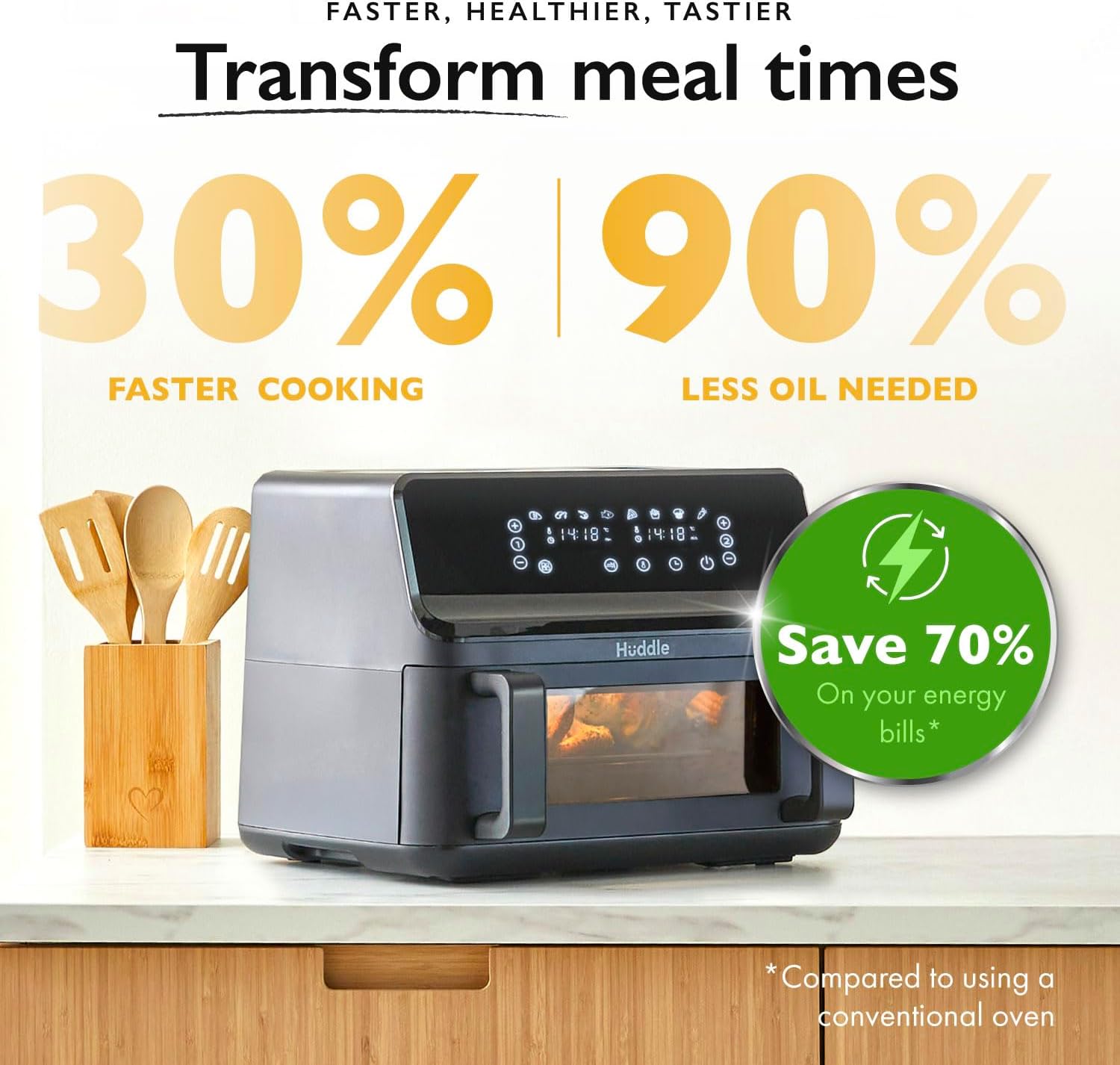 Huddle® 9L Air Fryer with Dual Flexi Baskets, Digital Touchscreen, 8 Cooking Modes, Adjustable Temperature, Viewing Window, Dishwasher-Safe, and Healthy Cooking Technology for Families and Meal Prep