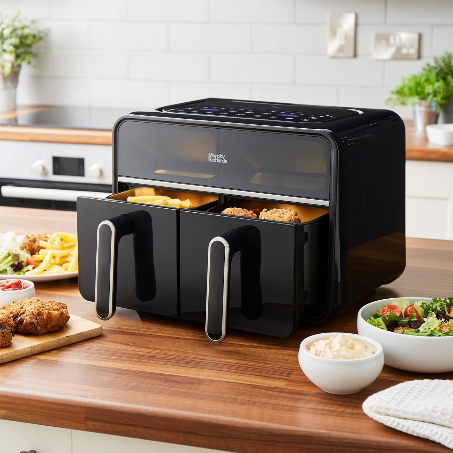 Morphy Richards Digital Dual Zone Airfryer, Compact Space Saving 7.2L, Easy View Windows, Touch Screen, Non Stick Dishwasher Safe Baskets, Healthy Oil Free & Low Fat Cooking, Black, 480020