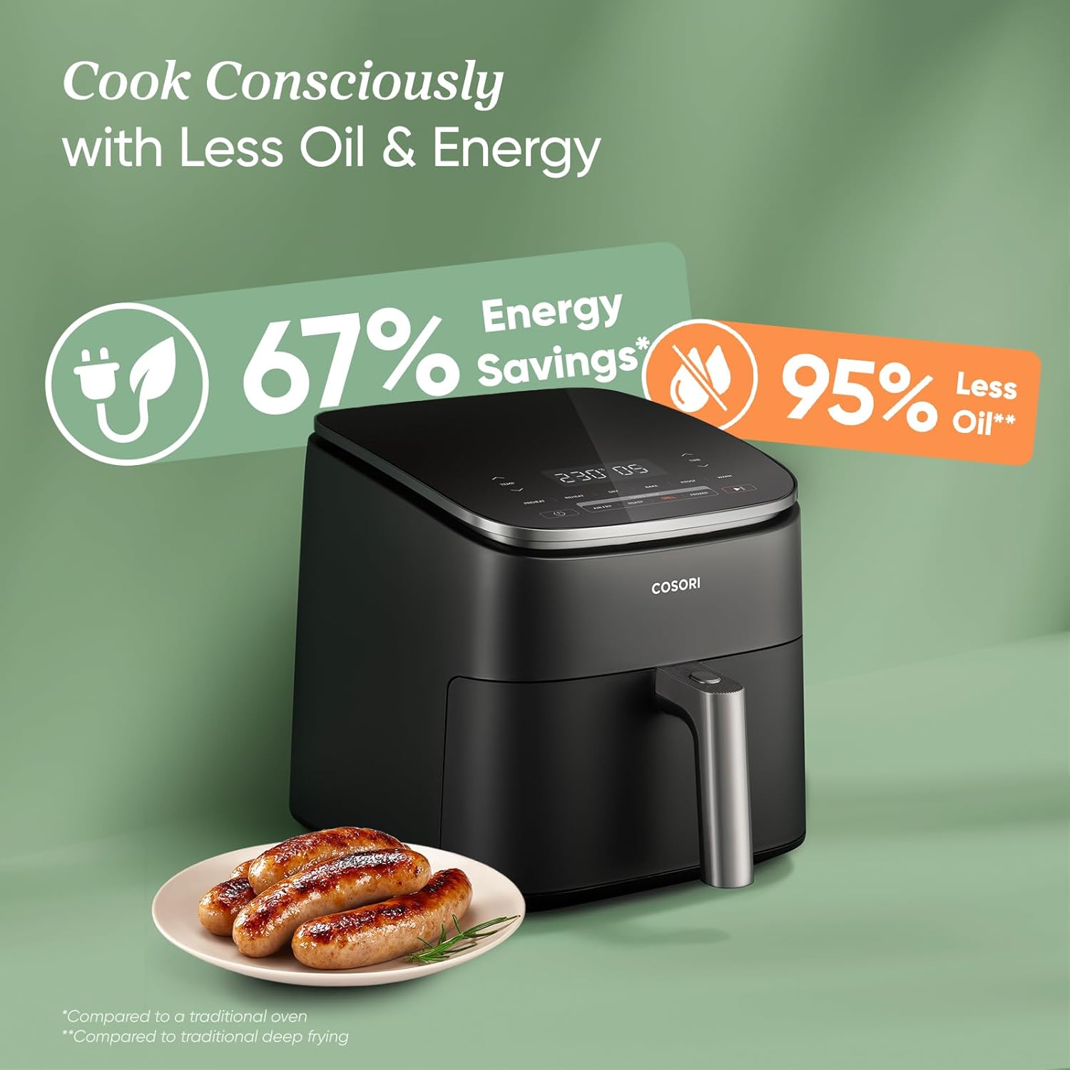 COSORI Air Fryer TurboBlaze, 6L Compact Design, 9 Functions with 5 Auto Fan Speeds Airflow System, Fast and Energy Saving, 30โ to 230โ, Quiet, 110+ Recipes, Oil Free, Non-stick, Dishwasher Safe