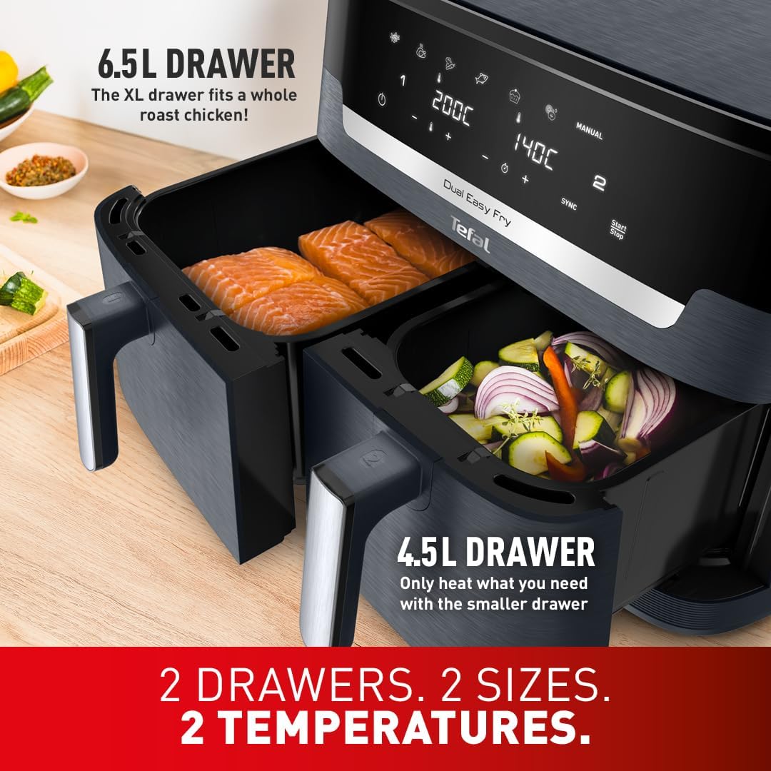 Tefal XXL Dual Easy Fry 11L Air Fryer, Dual Drawer, No Oil, Extra Crisp, Roast, Bake, Reheat, Dehydrate, 7 Pre-set Programs, Dishwasher Safe, 8+ Portions, Java-Grey, EY942BG0