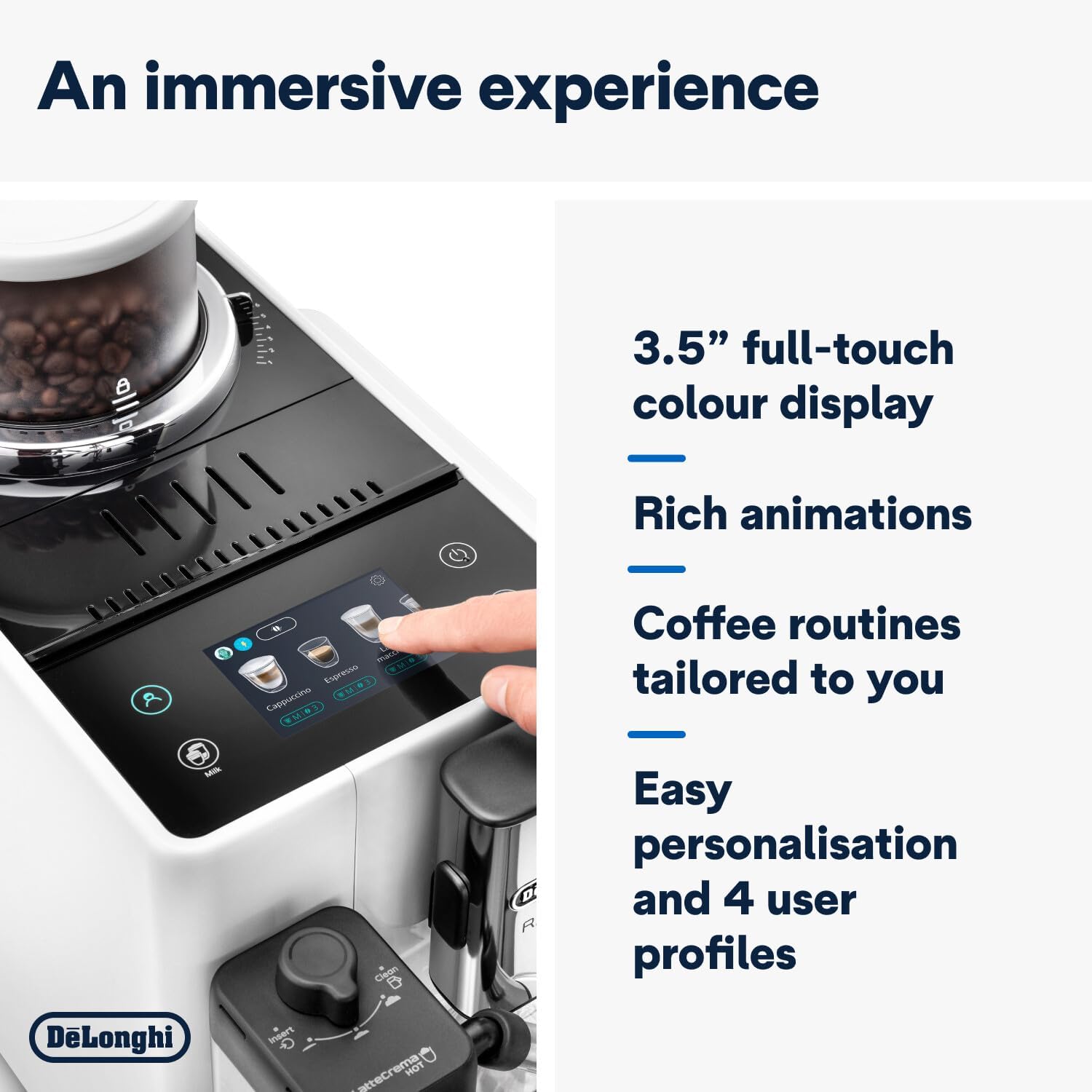 De'Longhi Rivelia EXAM440.55.W, Fully Automatic Coffee Machine with LatteCrema Hot, Automatic Milk Frother, Compact Size Bean to Cup Coffee Machine, 16 Recipes, Touch Colored Display, Arctic White
