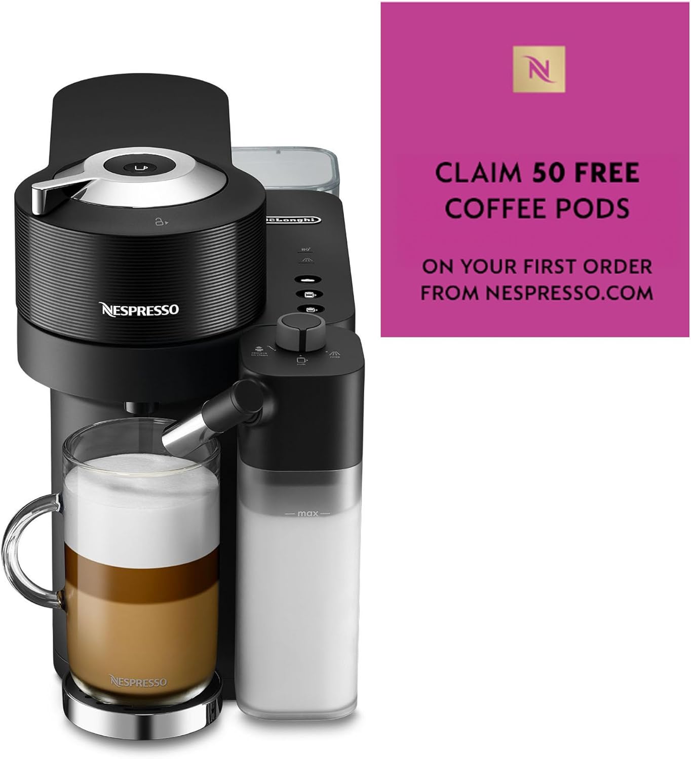 Nespresso Vertuo Lattissima Coffee Machine by De'Longhi for Vertuo Coffee Pods, Latte, Cappuccino, Integrated Milk Frother, Starter Capsule Set Included, ENV300.B, Black