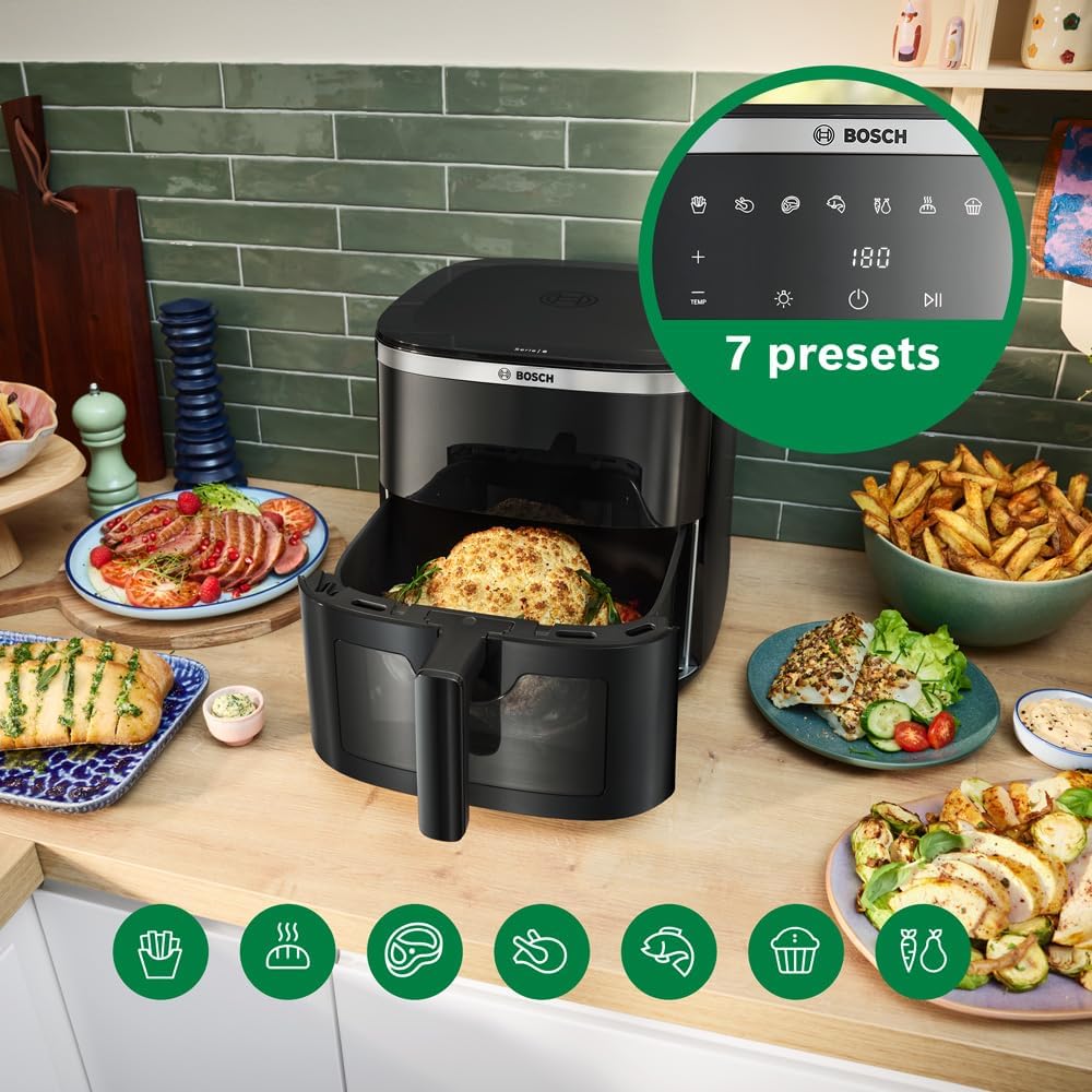 Bosch Series 6 Air Fryer XXL, MAF671B0GB, 7.2 L Capacity, 7 Presets Programmes, Illuminated Viewing Window, Shake Alarm, Intuitive Digital Touchscreen, Up to 65%* Faster Cooking, Black