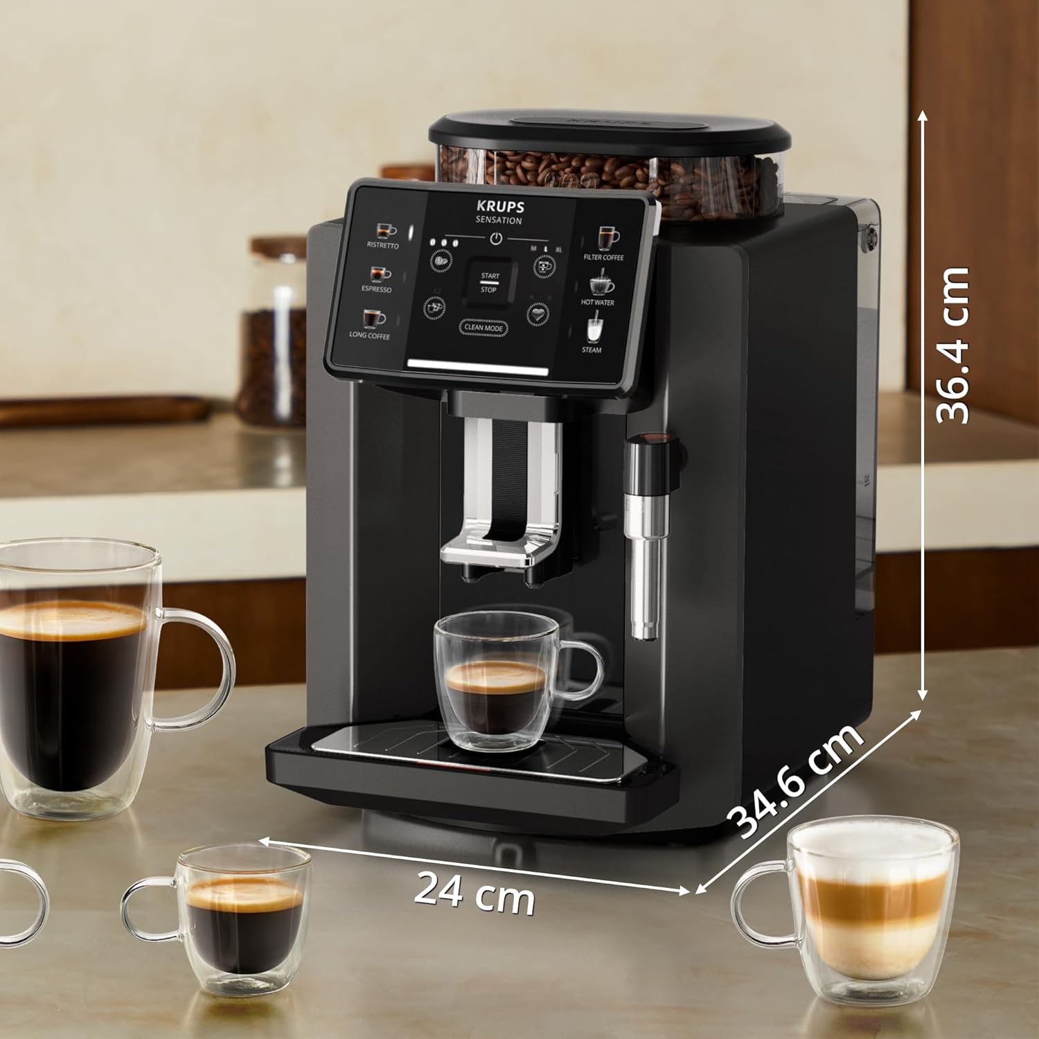 Krups Sensation C50 Fully Automatic Coffee Machine, Bean to Cup, Cappuccino & Latte Maker, Espresso, Americano, One Touch Digital Panel, Lighting Alerts, Convenient Cleaning, Custom settings, EA910840