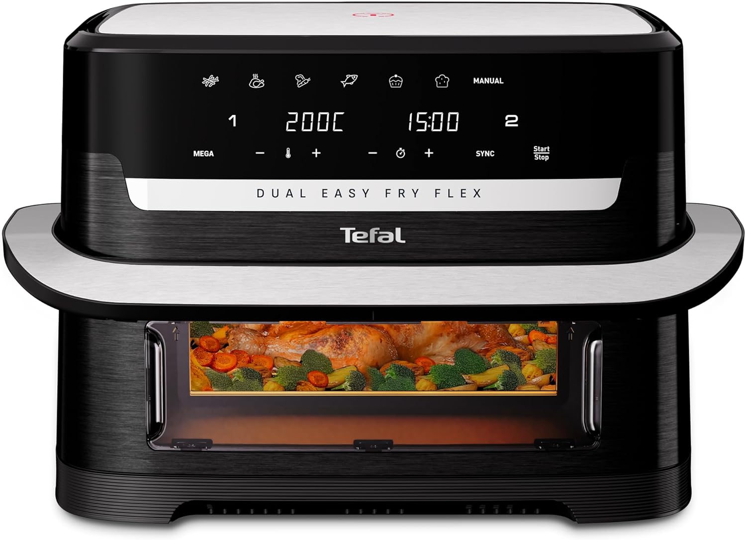 Tefal Dual Flex Air Fryer with Removable Divider & Viewing Window – 9L GiantZone or Dual 5.5L + 3.5L Cooking Zones, 6 Preset Programs, Energy Saving, Non-Stick Dishwasher Safe Parts, Black