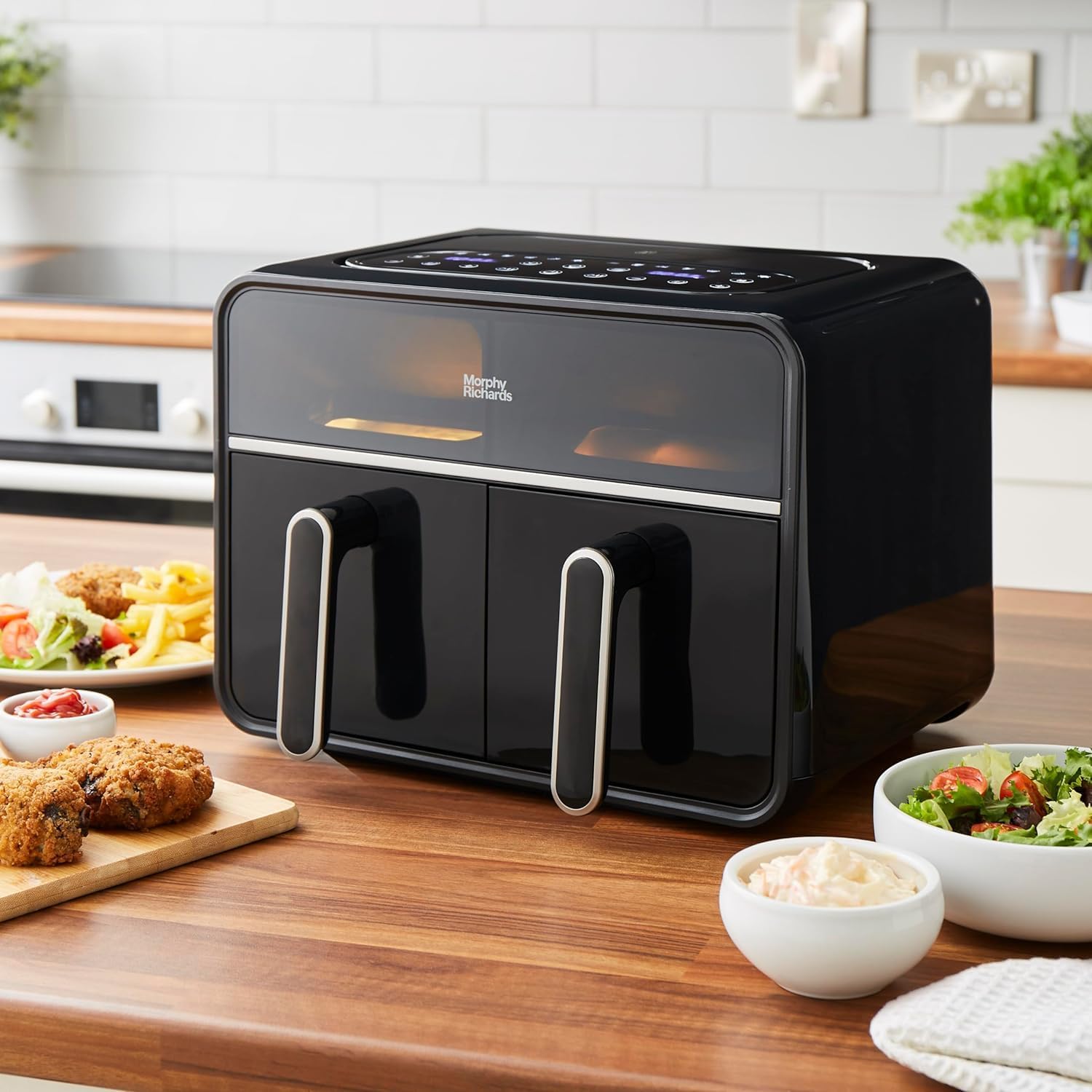 Morphy Richards Digital Dual Zone Airfryer, Compact Space Saving 7.2L, Easy View Windows, Touch Screen, Non Stick Dishwasher Safe Baskets, Healthy Oil Free & Low Fat Cooking, Black, 480020