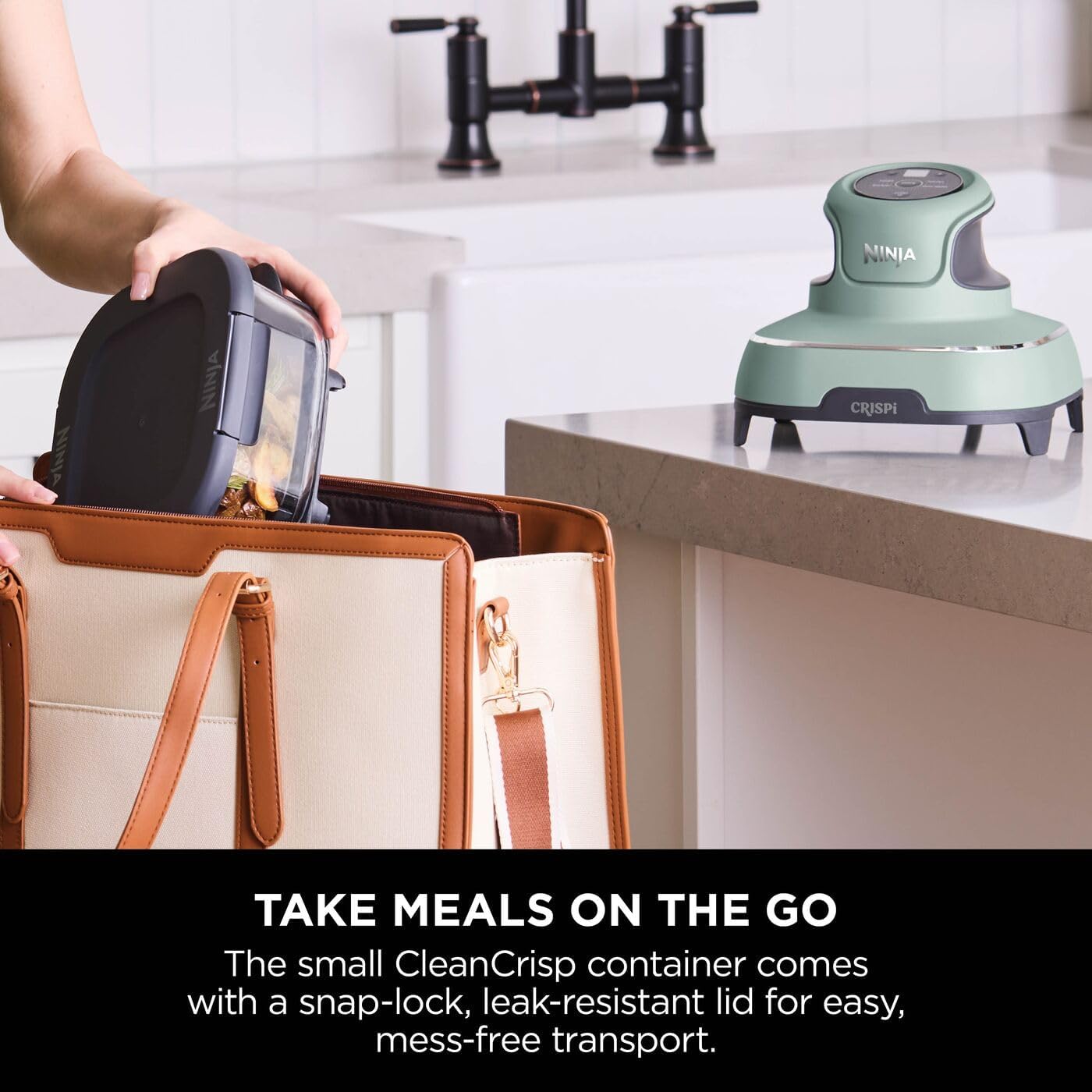 Ninja CRISPi Portable Air Fryer, 3.8L, 4-in-1: Air Fry, Roast, Keep Warm, Recrisp, Space Saving Compact Design, 2x Removable Glass Containers & Lids, 1700W, Sage FN101UKSG