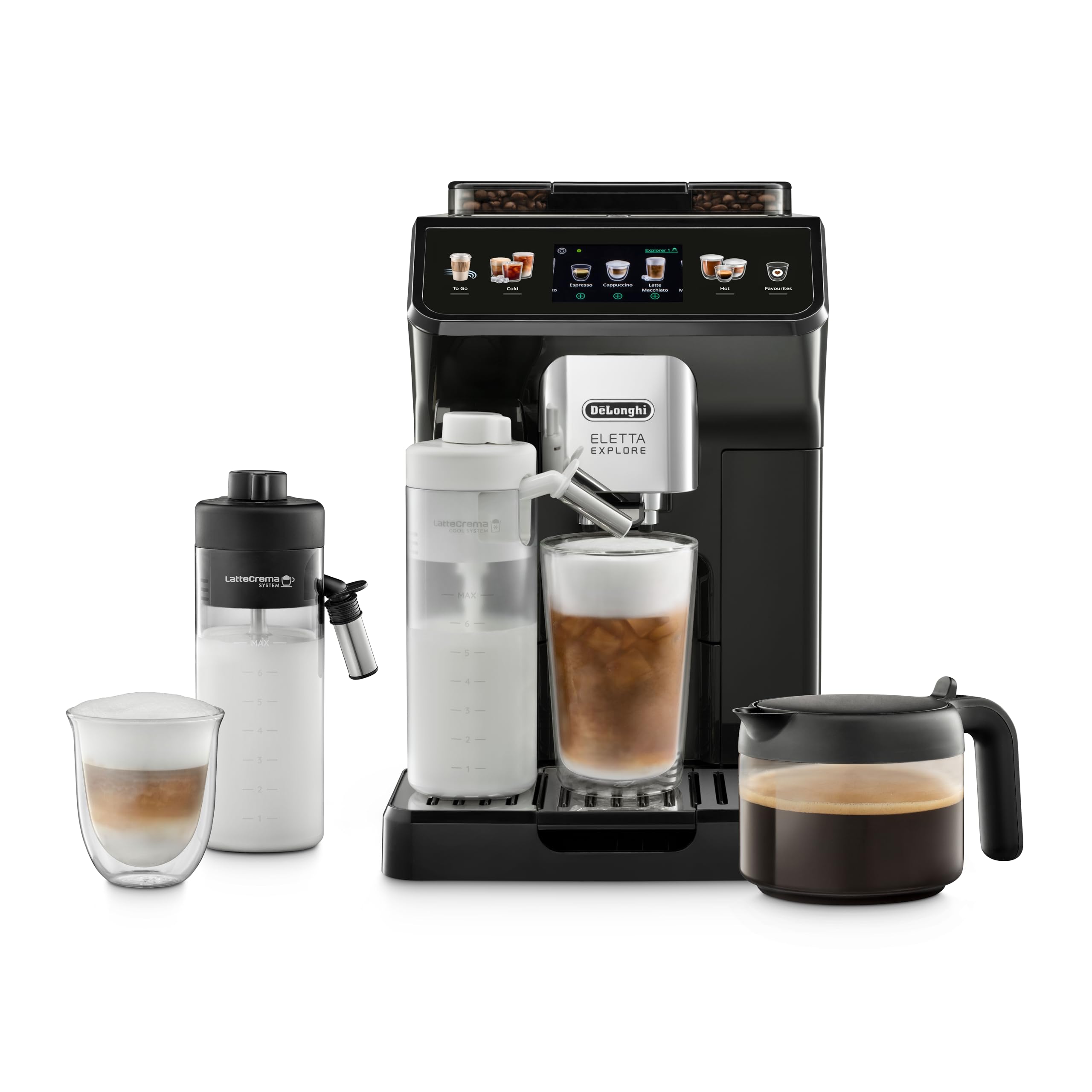 De'Longhi Eletta Explore Cold Brew ECAM452.67.G, Barista Coffee Machine with LatteCrema Hot and Cool, Espresso Machine, Automatic Coffee Bean Machine, Cold Extraction, Coffee Pot Included, Dark Grey