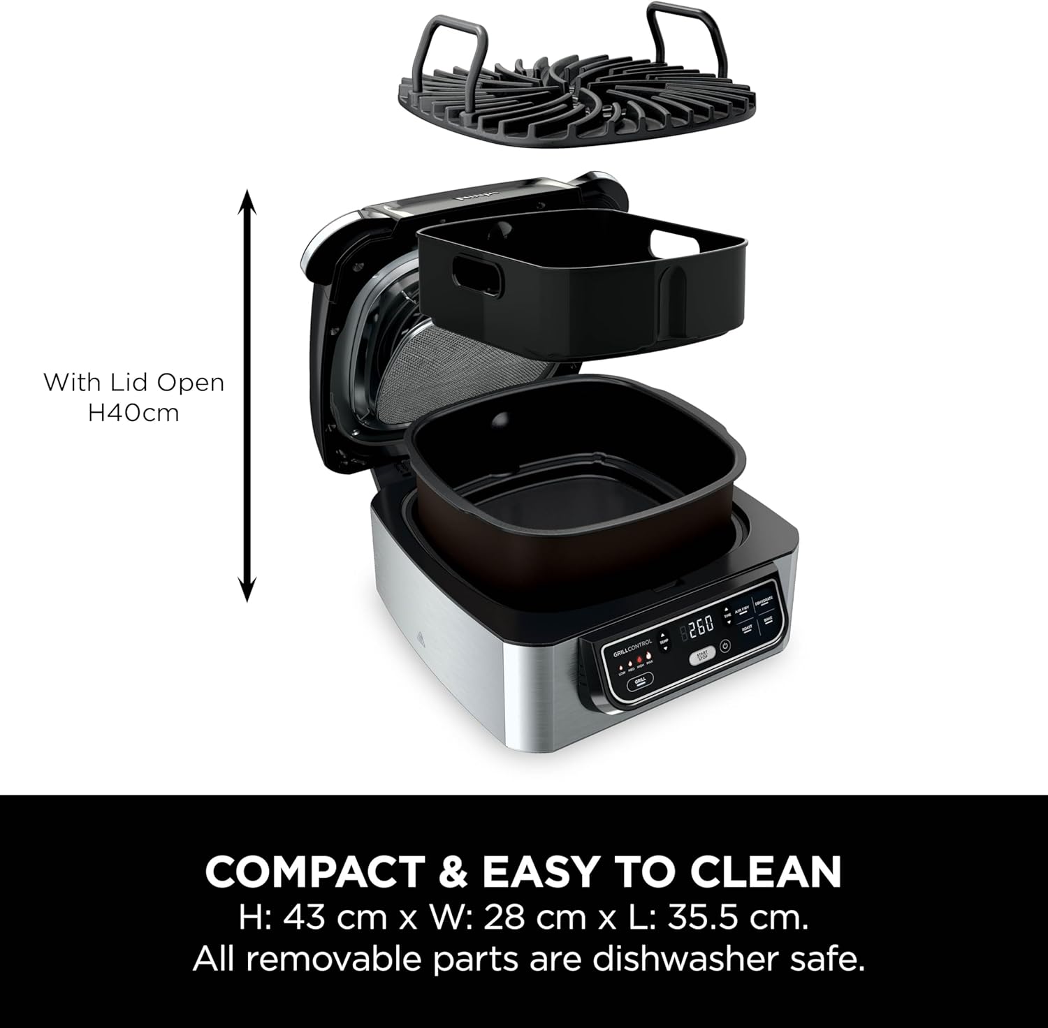 Ninja Foodi Health Grill & Air Fryer 5.7L with Cyclonic Air Technology, 5-in-1, Air Fry, Grill, Bake, Roast, Dehydrate, Dishwasher Safe Parts, Cleaning Brush, Black/Silver AG301UK