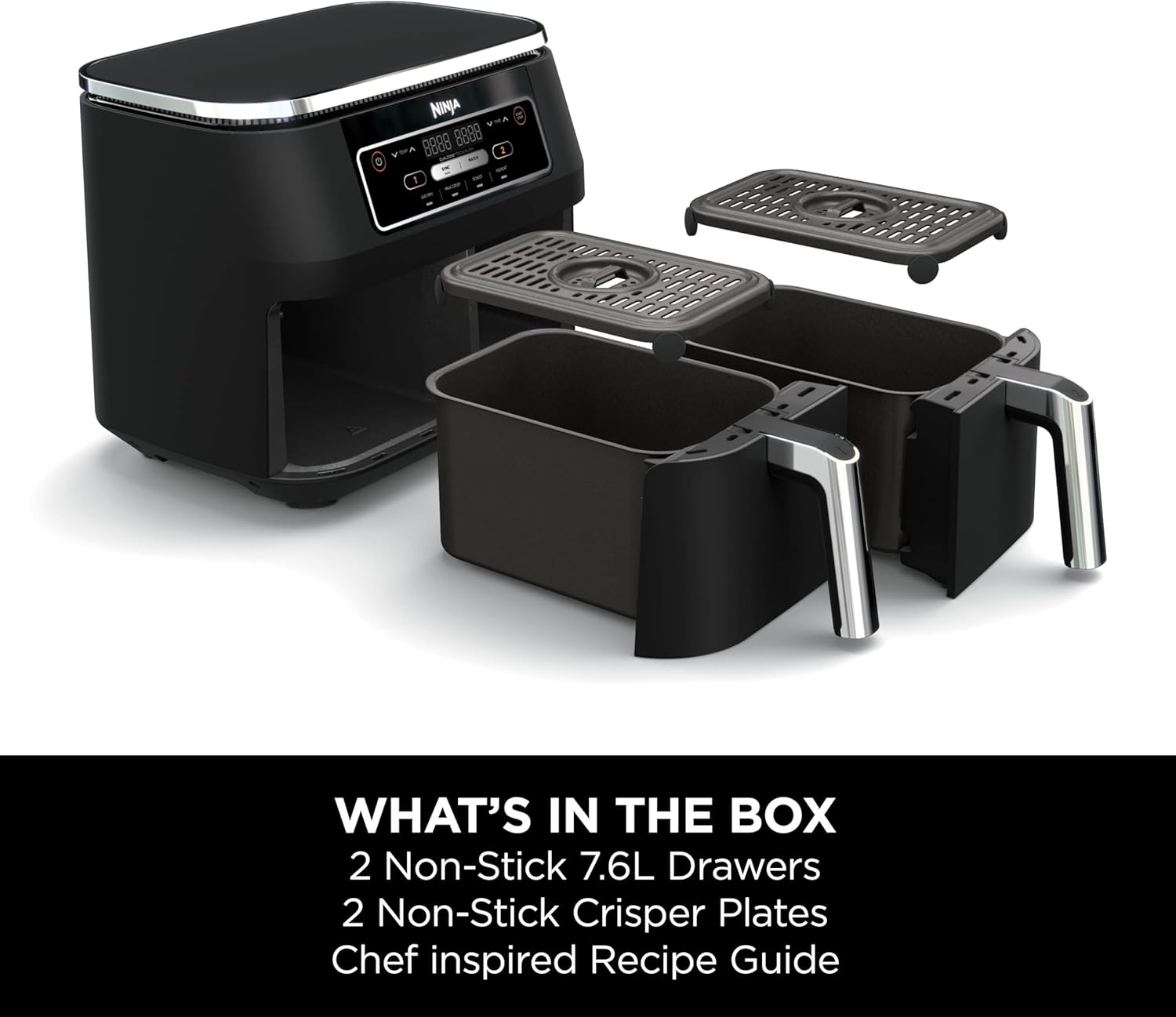 Ninja Foodi Dual Zone Digital Air Fryer, 2 Drawers, 7.6L, 4-in-1, Uses No Oil, Air Fry, Max Crisp, Roast, Reheat, Non-Stick, Dishwasher Safe Baskets and Crisper Plates, Black AF200UK
