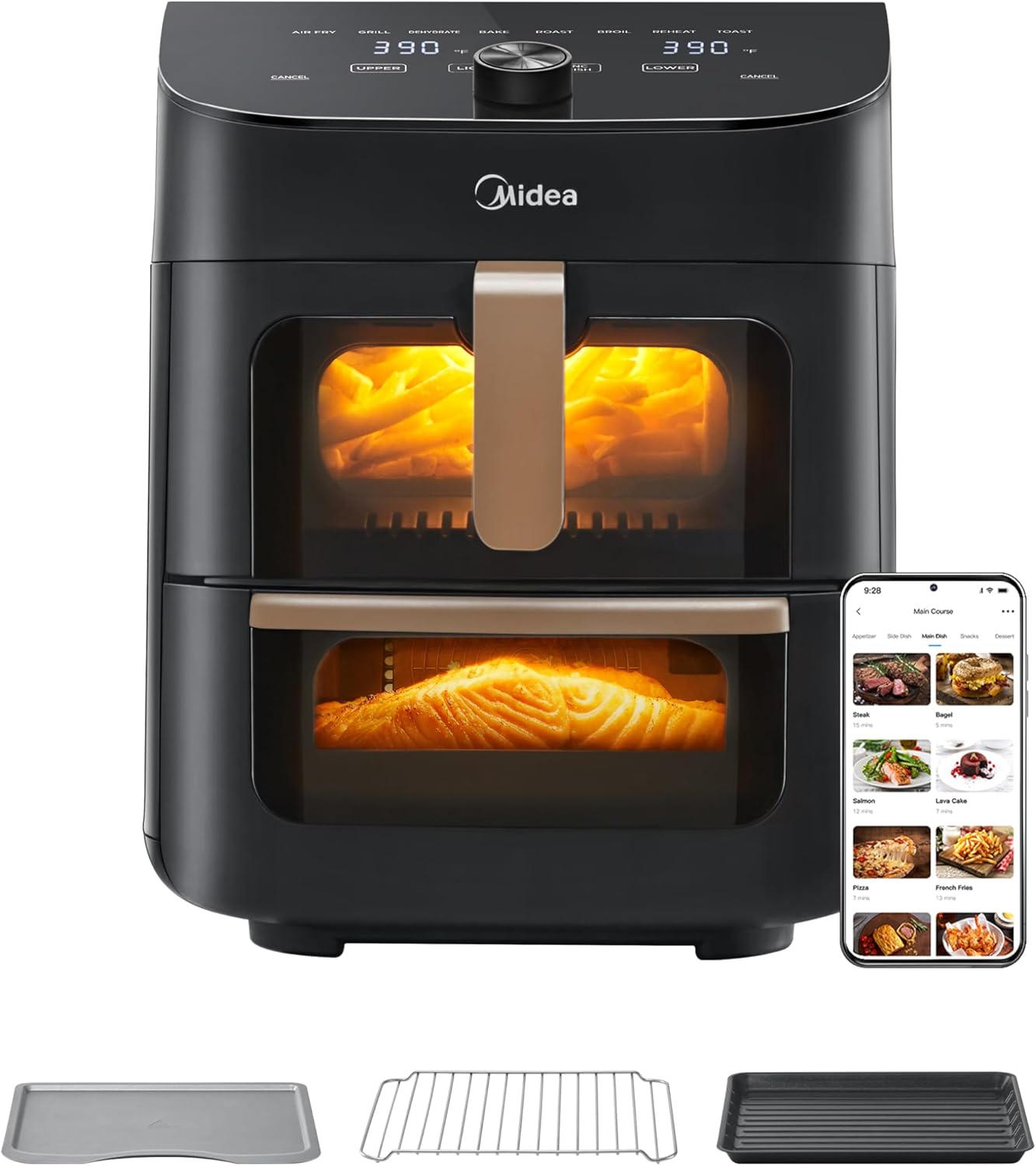 Midea 11L Dual Zone Air Fryer Oven with Wi-Fi & Alexa - 2 Independent Drawers, Visible Window, 10-in-1 Functions, Max Crisp Technology, Smart Sync Finish, Oil-Free Cooking, 2400W (Black/Rose Gold)