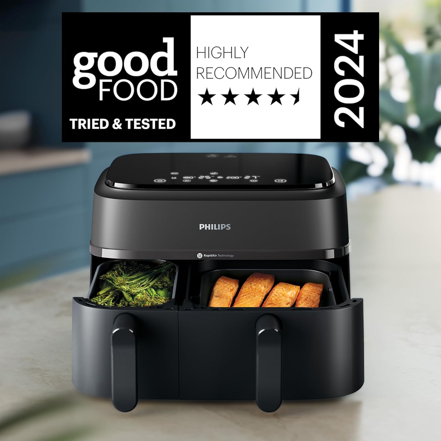 Philips Dual Basket Airfryer 3000 Series, 9L, 2 Drawer Air Fryer, with Breakfast Kit, Rapid Air Technology, Versatile Large Air Fryer for Family, 99% Less fat and Energy Saving, HomeID App (NA350/03)