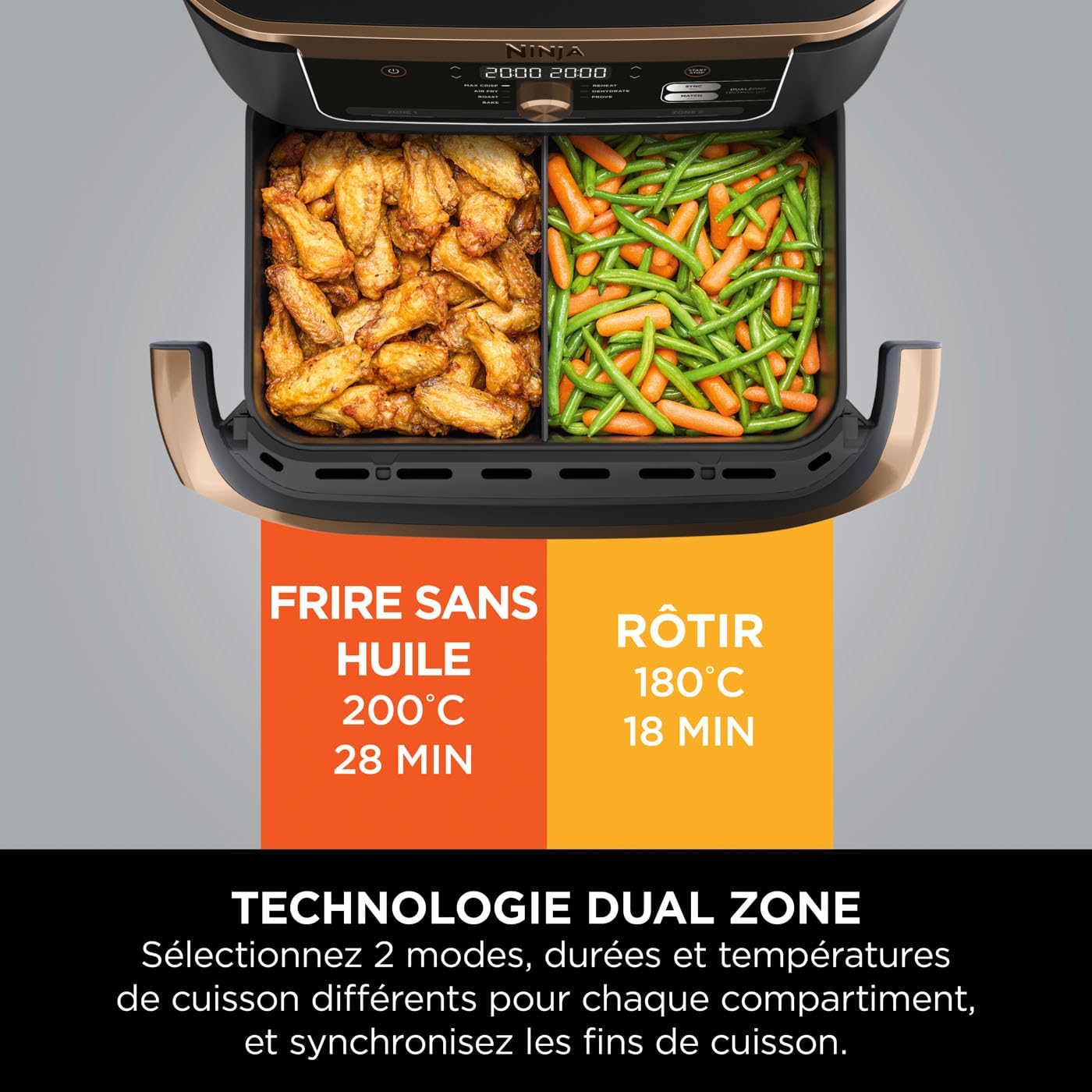 Ninja Foodi FlexDrawer 10.4L Oil-Free Fryer, 7 Modes, Roast, Bake, Non-Oil Frying, Crispy, Warm, Dehydrate, Rise, XL, Savings, DualZone Black/Copper OL750EUDBCP