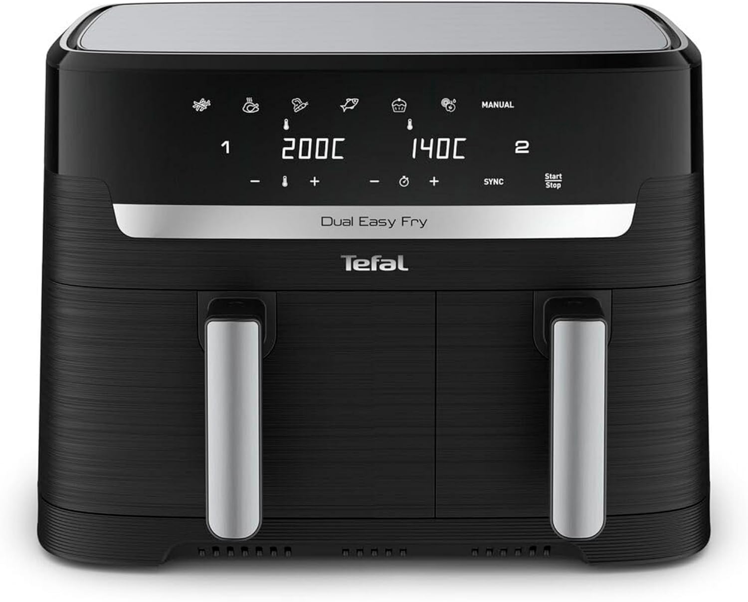 Tefal Easy Fry Dual Zone Digital Air Fryer, 2 Drawers, 8.3L, 8in1, Air Fry, Extra Crisp, Roast, Bake, Reheat, Dehydrate, 6 Portions, Non-Stick, Dishwasher Safe Baskets, Black & Metal EY901840