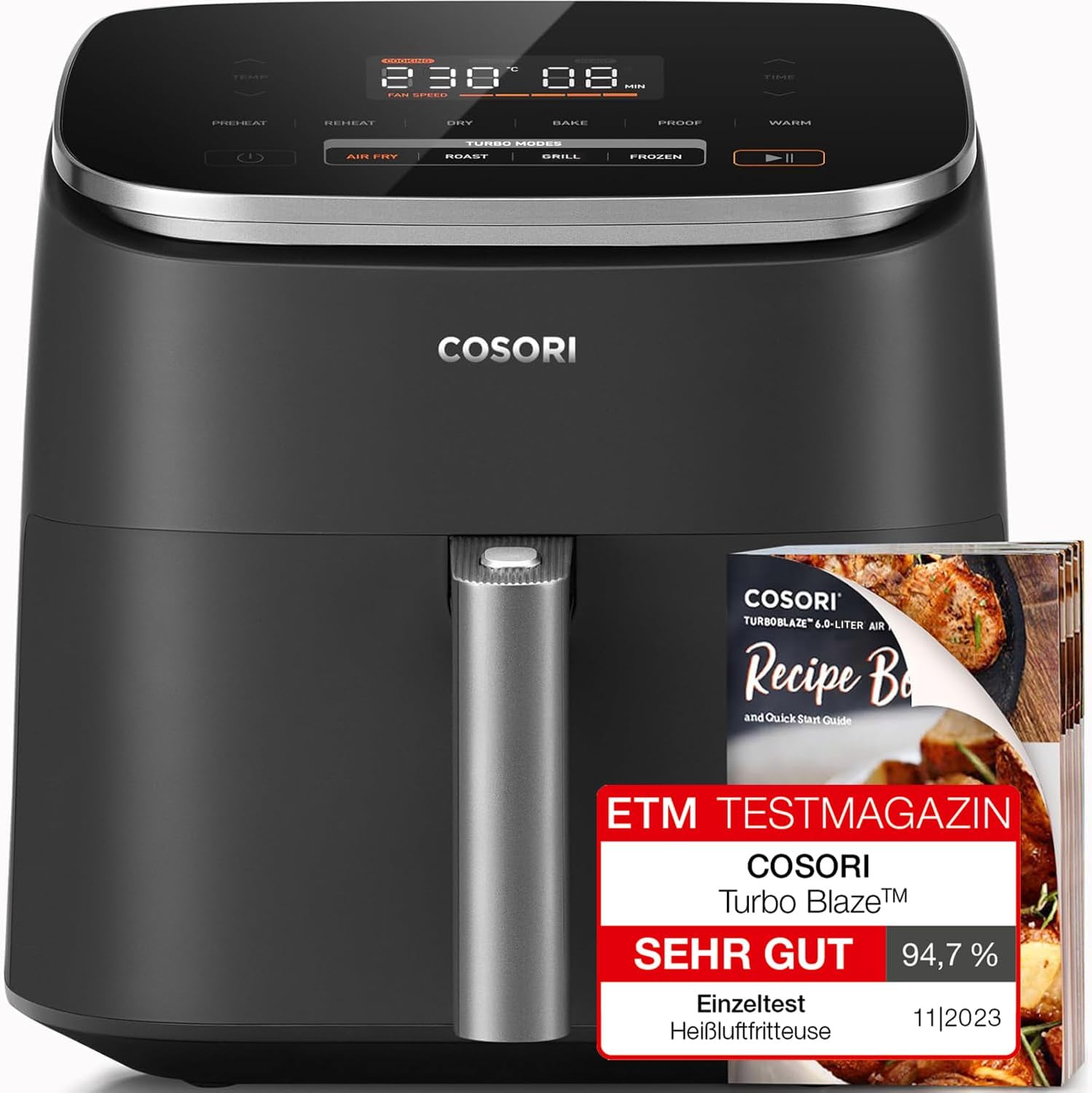 COSORI Air Fryer TurboBlaze, 6L Compact Design, 9 Functions with 5 Auto Fan Speeds Airflow System, Fast and Energy Saving, 30โ to 230โ, Quiet, 110+ Recipes, Oil Free, Non-stick, Dishwasher Safe