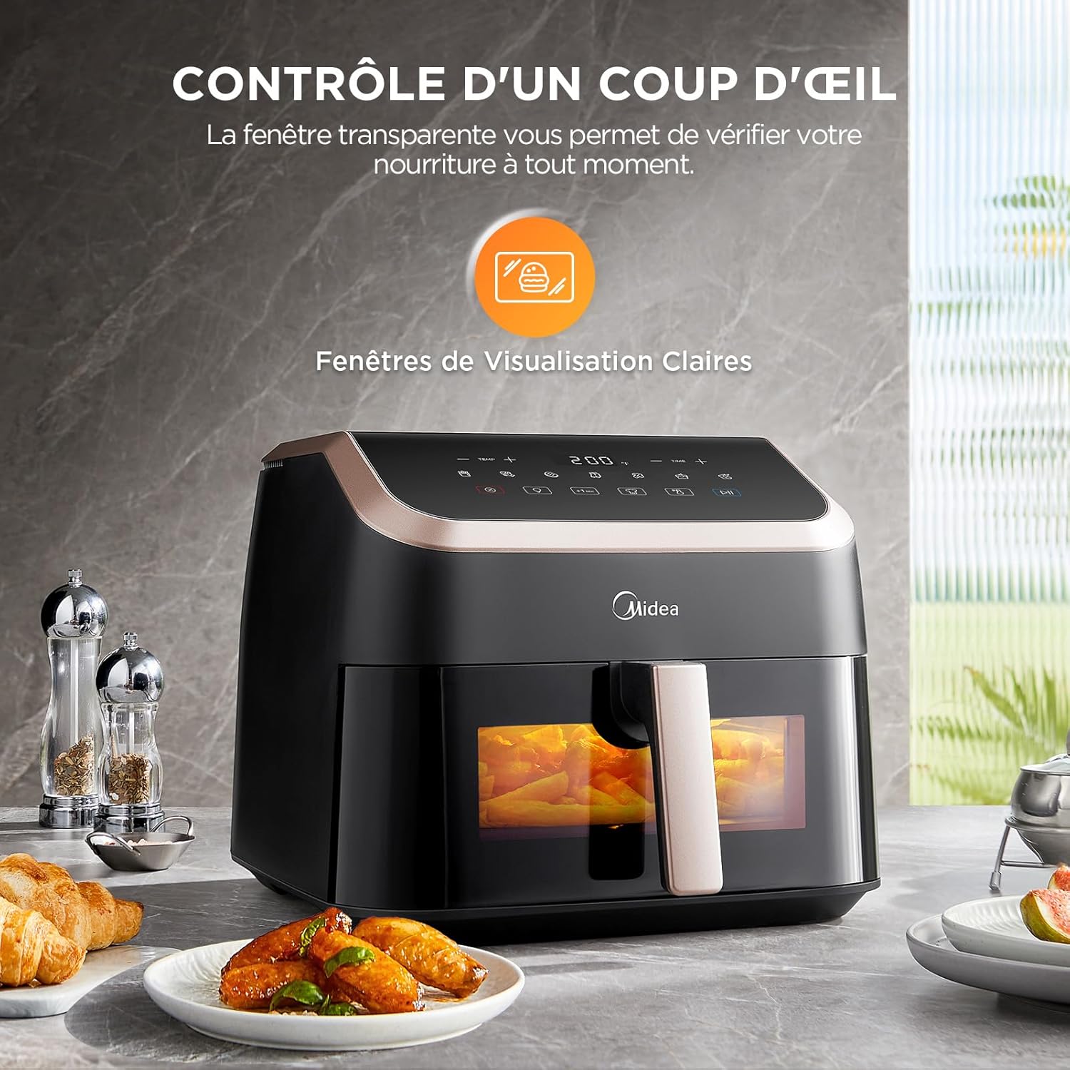 Midea Large Air Fryer with See-Thru Window, 8.5 L, 8-in-1, Heatexpress Rapid Air Technology, Uses No Oil, Max Crisp, Non-Stick, Flexible Heating +1 Minute Button, Dishwasher Safe, Black