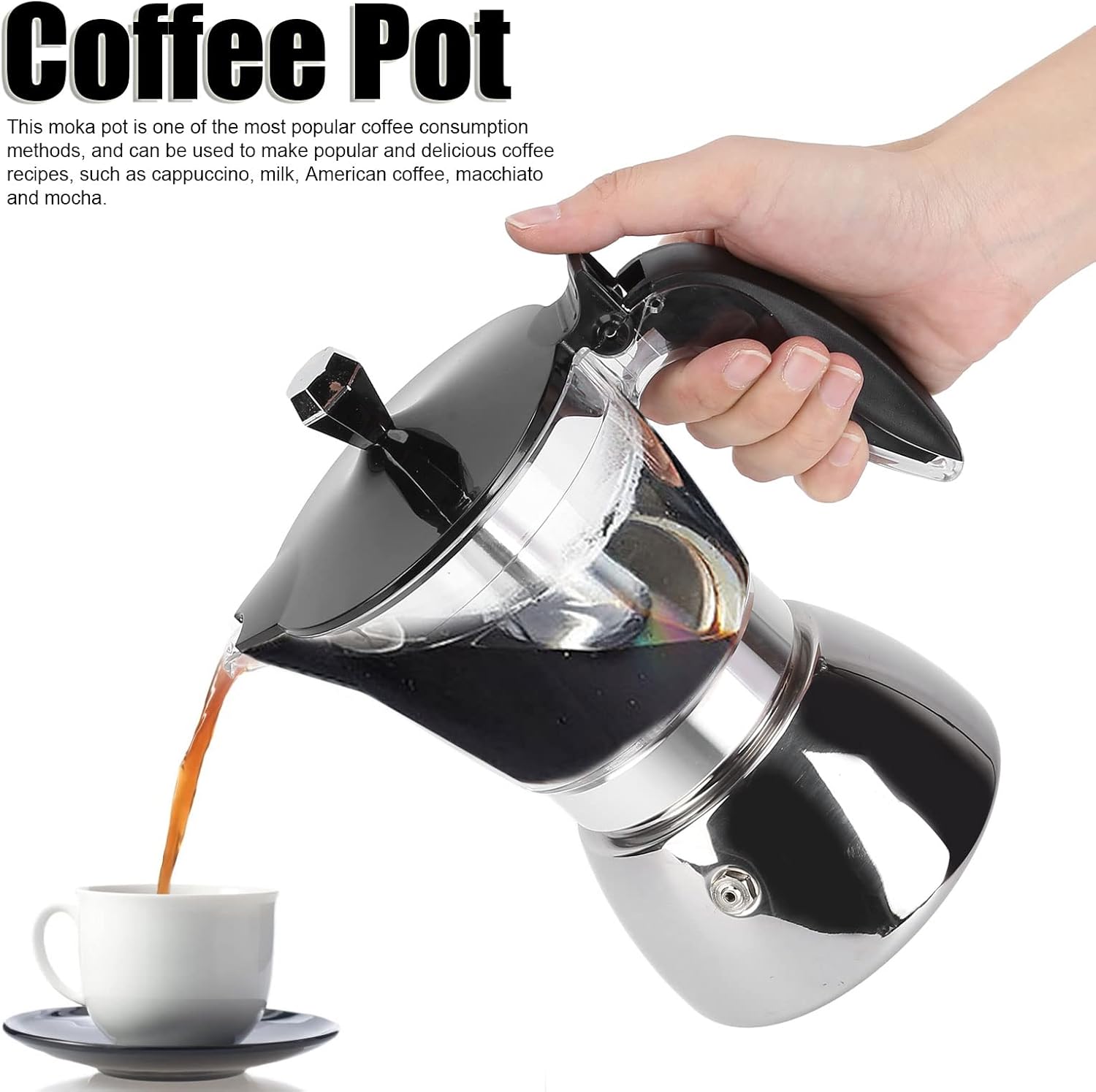 6 Cups Italian Octagonal Stainless Steel Coffee Pot for Household Brewing, Ergonomic Pot with Heat Handle, to and Use, Multiple Coffee Recipes Maker