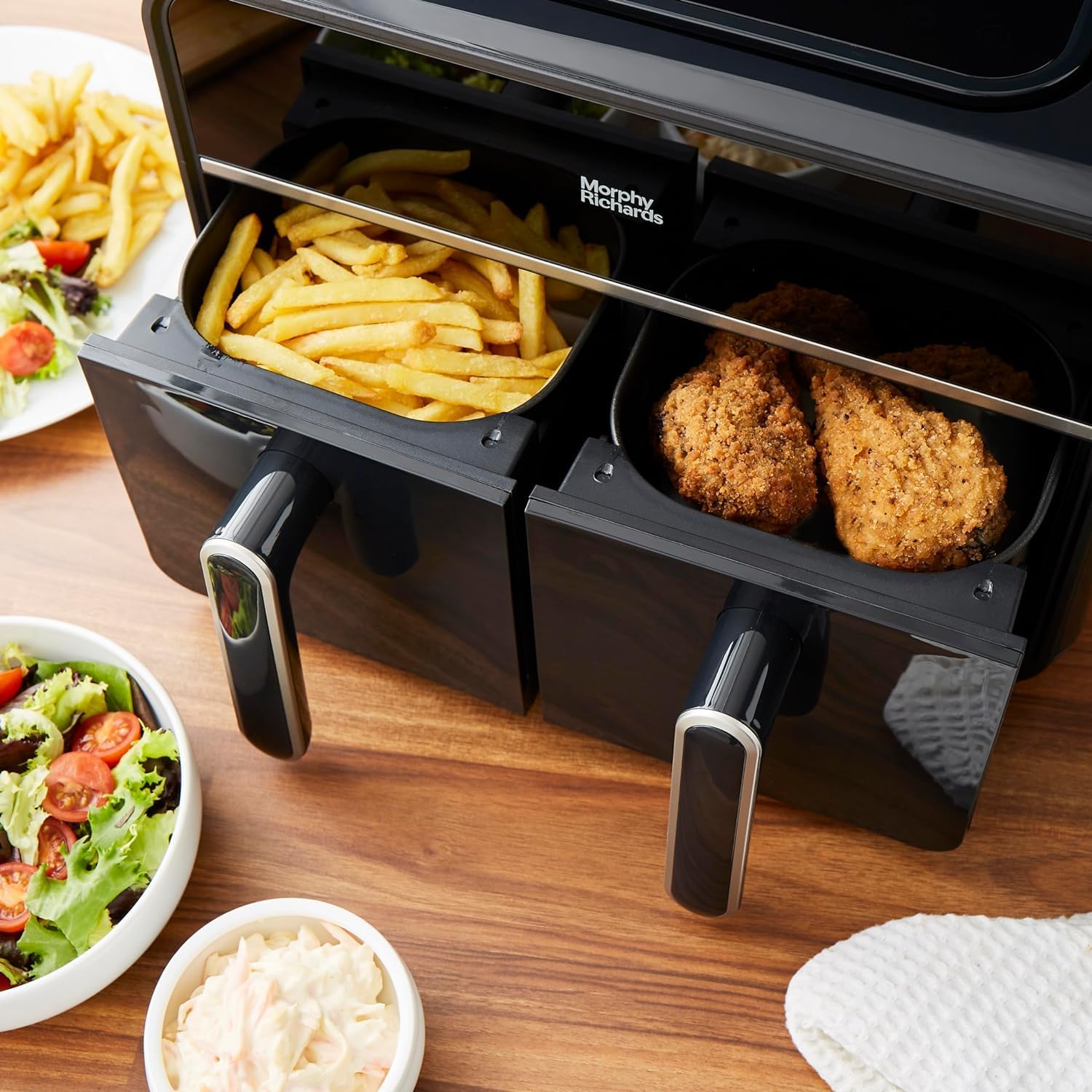 Morphy Richards Digital Dual Zone Airfryer, Compact Space Saving 7.2L, Easy View Windows, Touch Screen, Non Stick Dishwasher Safe Baskets, Healthy Oil Free & Low Fat Cooking, Black, 480020