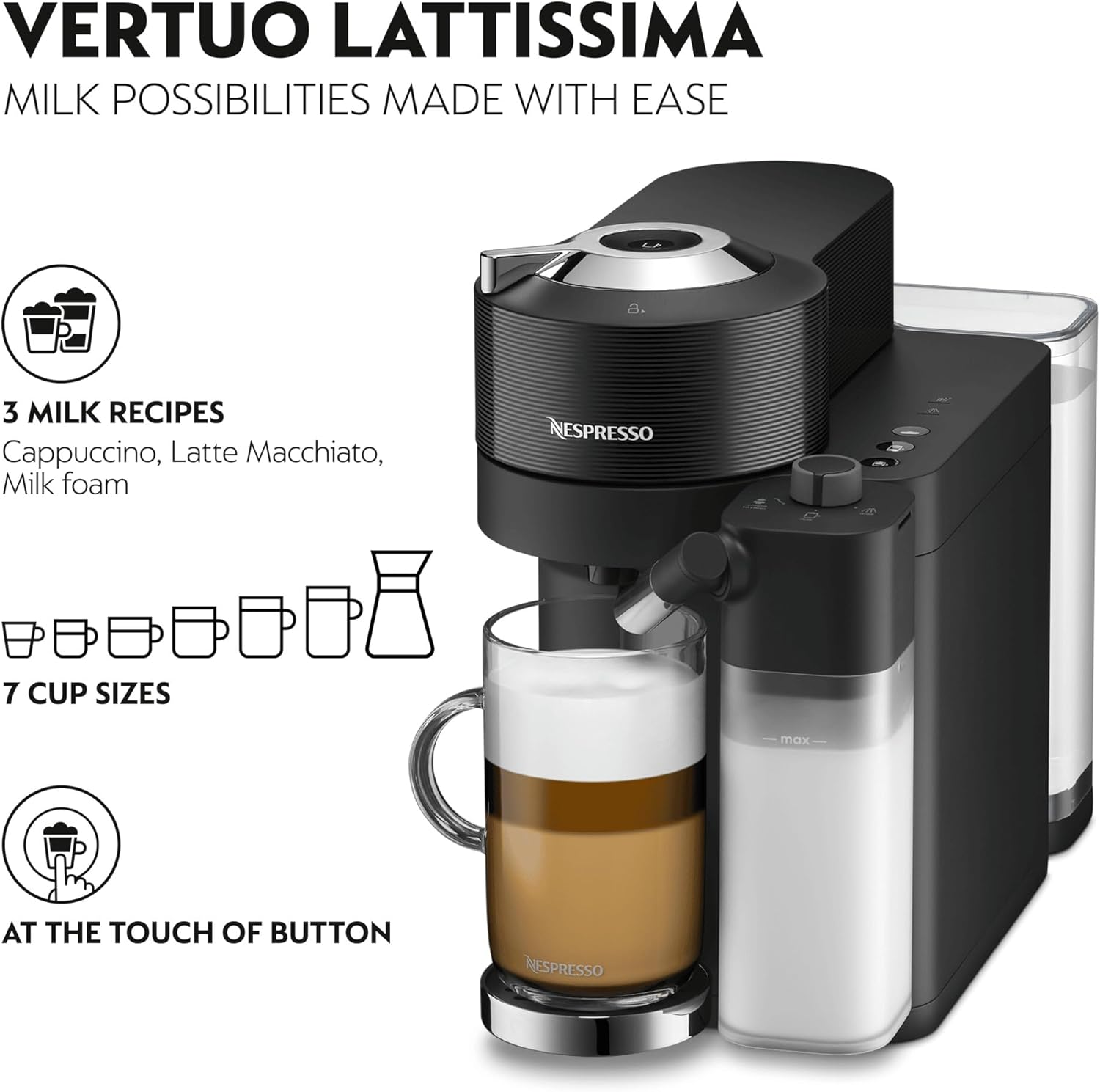 Nespresso Vertuo Lattissima Coffee Machine by De'Longhi for Vertuo Coffee Pods, Latte, Cappuccino, Integrated Milk Frother, Starter Capsule Set Included, ENV300.B, Black