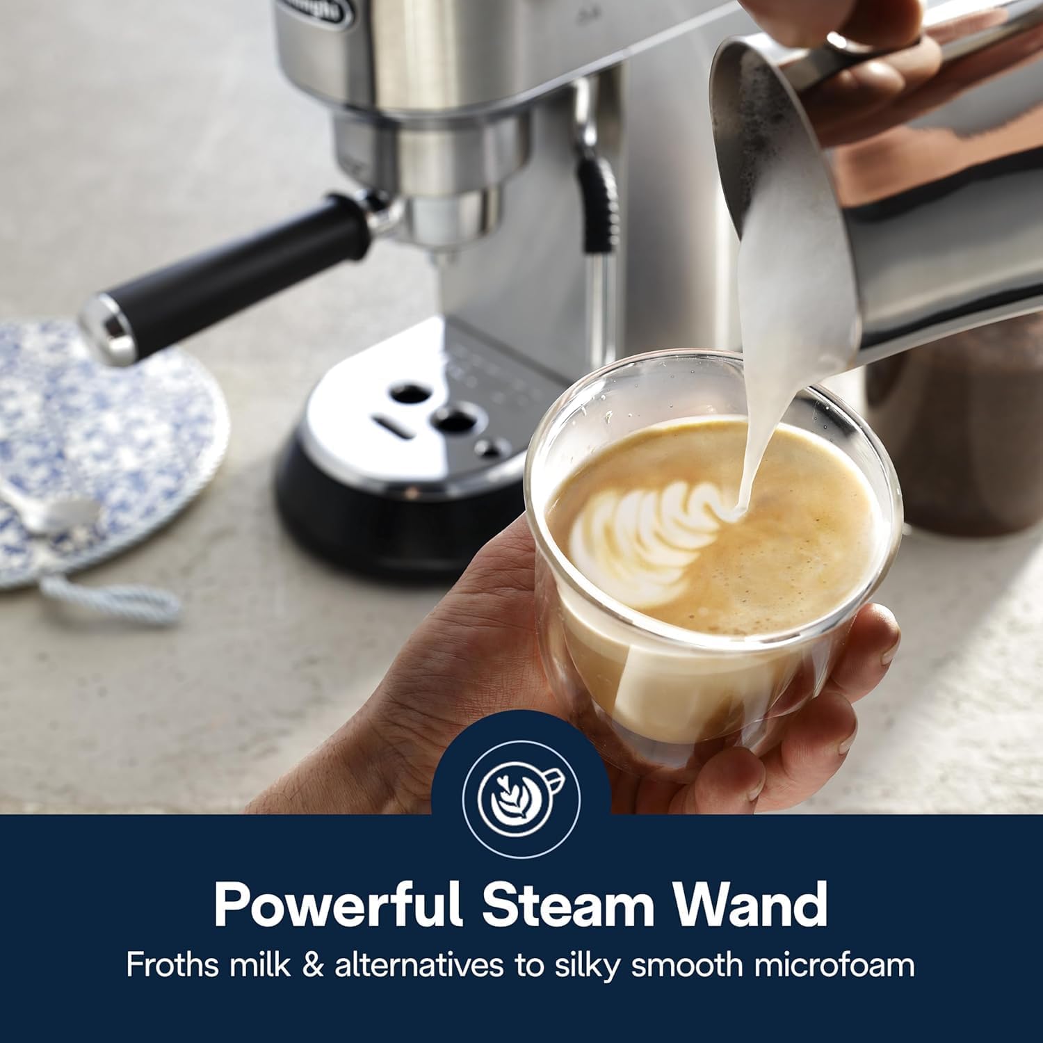 De’Longhi Dedica Arte Espresso Machine with My LatteArt Steam Wand (Milk Frother), 15-Bar Pump & 3-Level Temp Control - Compact Espresso Maker for Latte & Cappuccino - Italian Stainless Steel Design