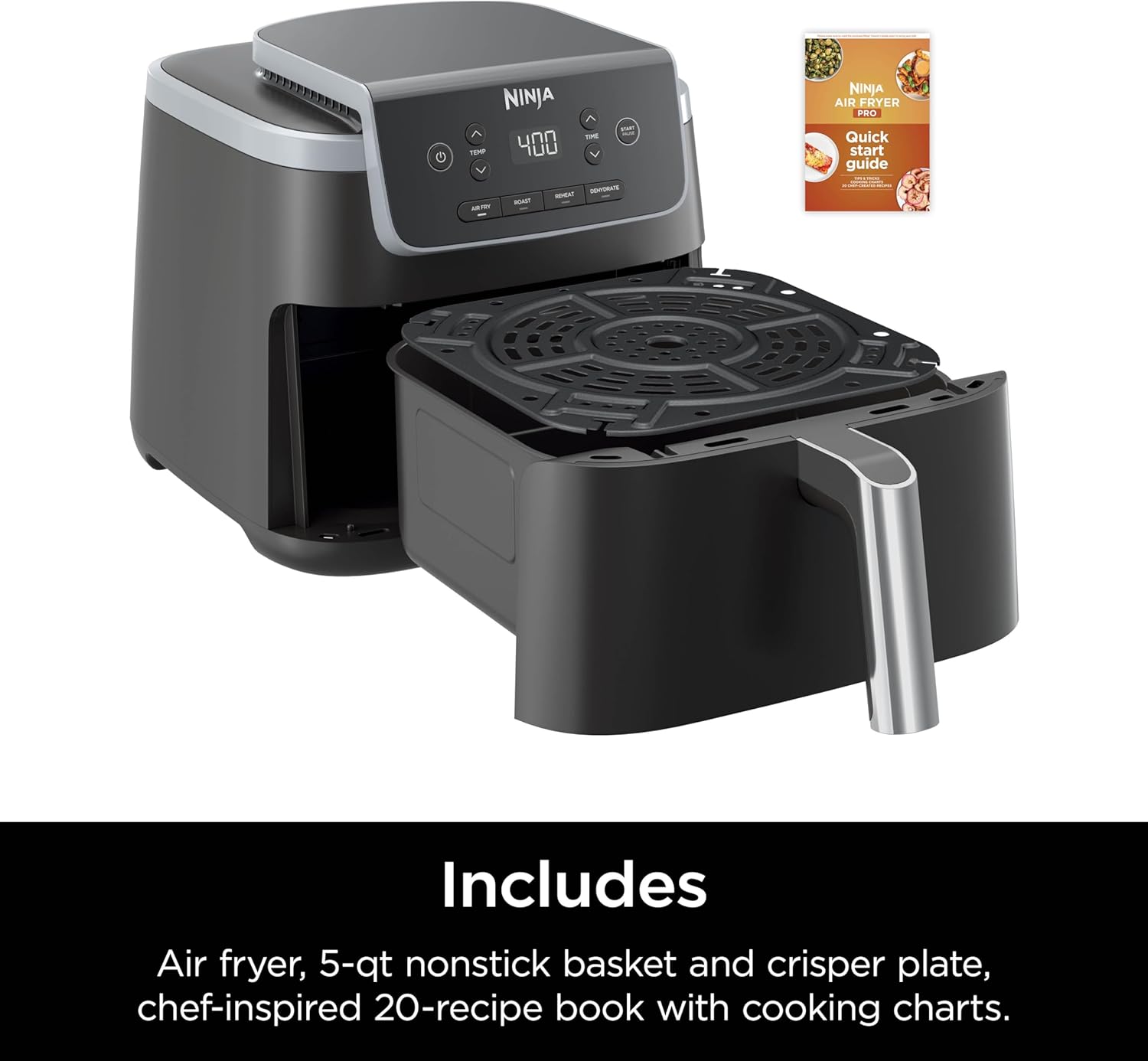 Ninja AF141 Air Fryer Pro 4-in-1 with 5 QT Capacity, Air Fry, Roast, Reheat, Dehydrate, Air Crisp Technology with 400F for hot, crispy results in just minutes, Nonstick Basket & Crisper Plate, Grey