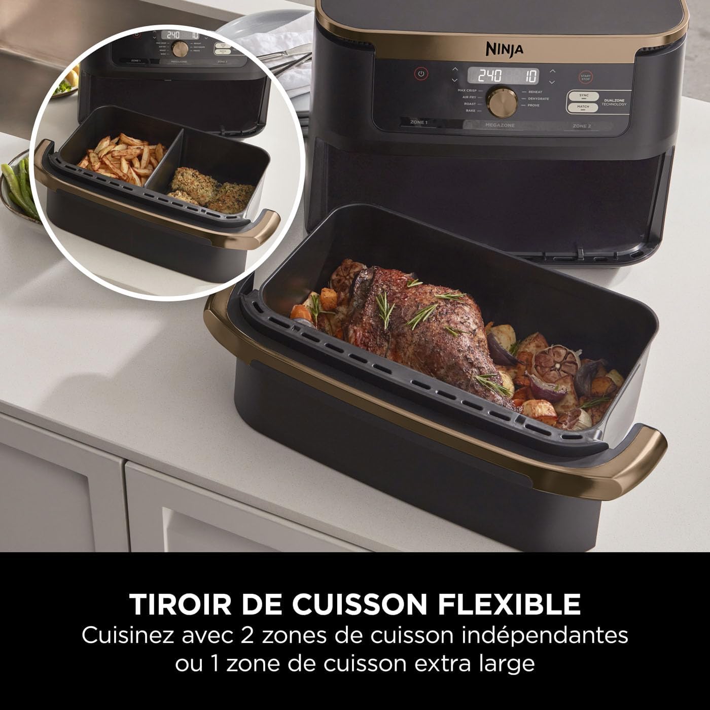 Ninja Foodi FlexDrawer 10.4L Oil-Free Fryer, 7 Modes, Roast, Bake, Non-Oil Frying, Crispy, Warm, Dehydrate, Rise, XL, Savings, DualZone Black/Copper OL750EUDBCP