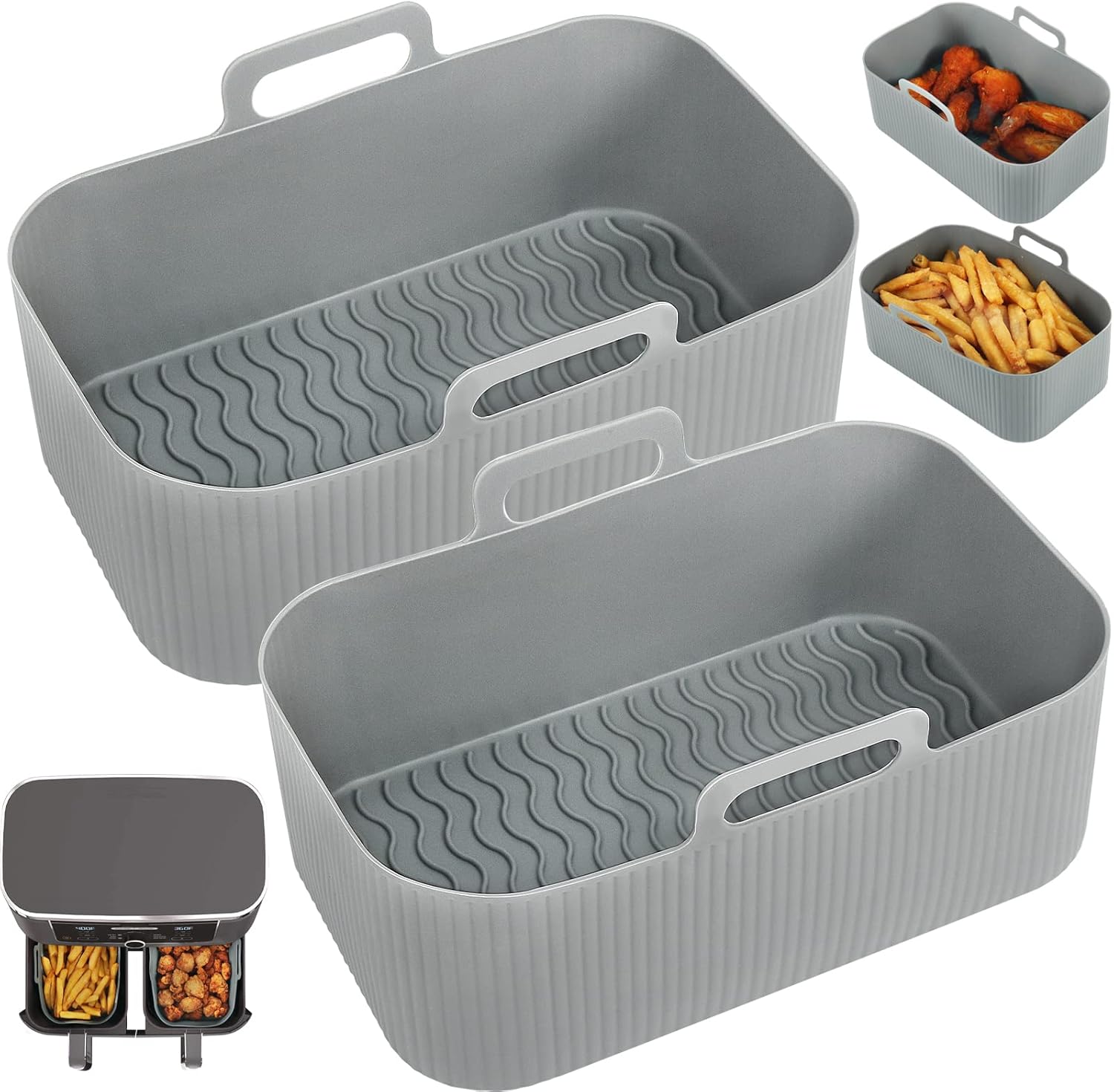 YQL Air Fryer Silicone Liner for Ninja/Tower Dual/Instant Vortex, Silicone Air Fryer Liners Reusable Air Fryer Accessories for Ninja Foodi AF300UK, Salter Dual Air Fryer (2PCS), Grey