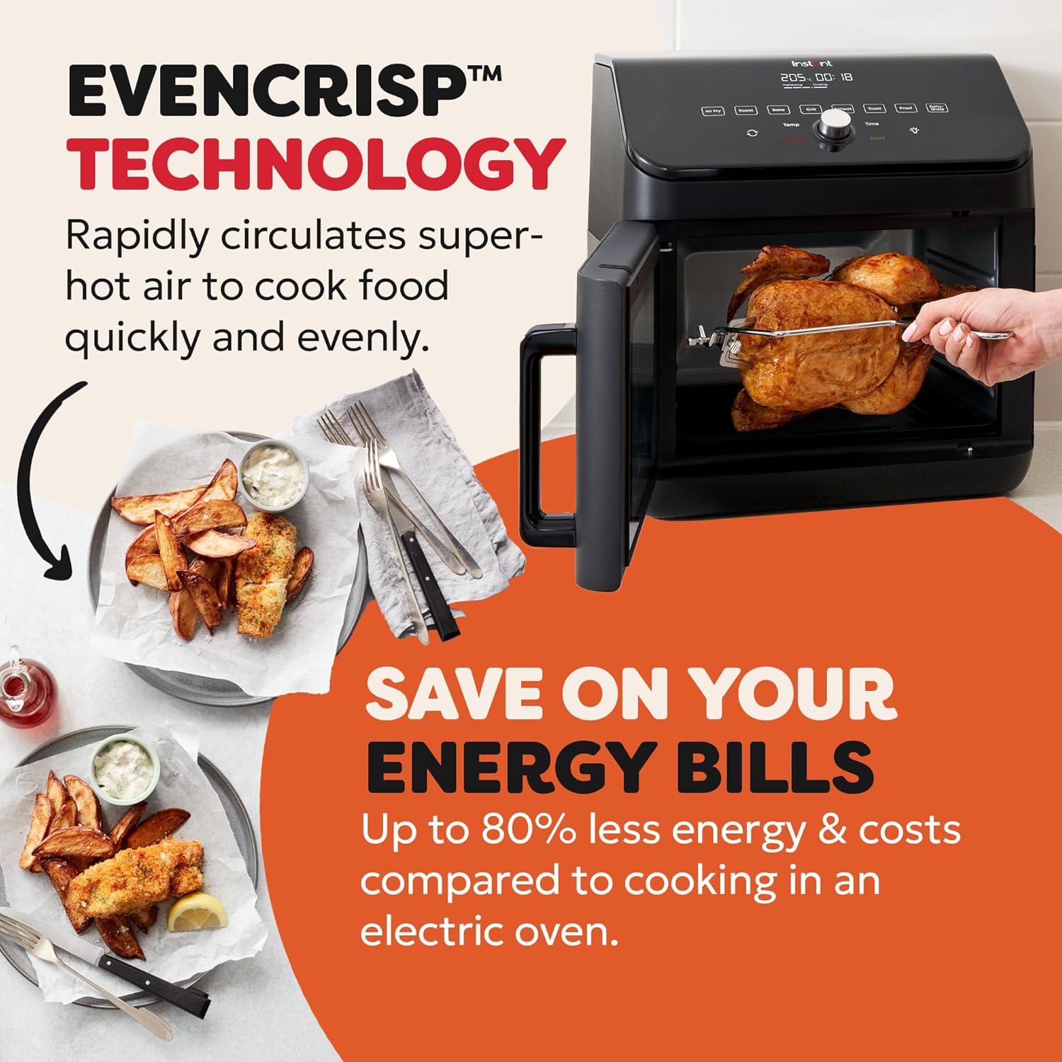Instant Digital Large Air Fryer Oven with XXL Capacity and Easy to Use 9 Smart Programmes - Air Fry, Roast, Rotisserie, Grill, Bake, Toast, Reheat, Dehydrate & Proof, Black, 13L - 1700W
