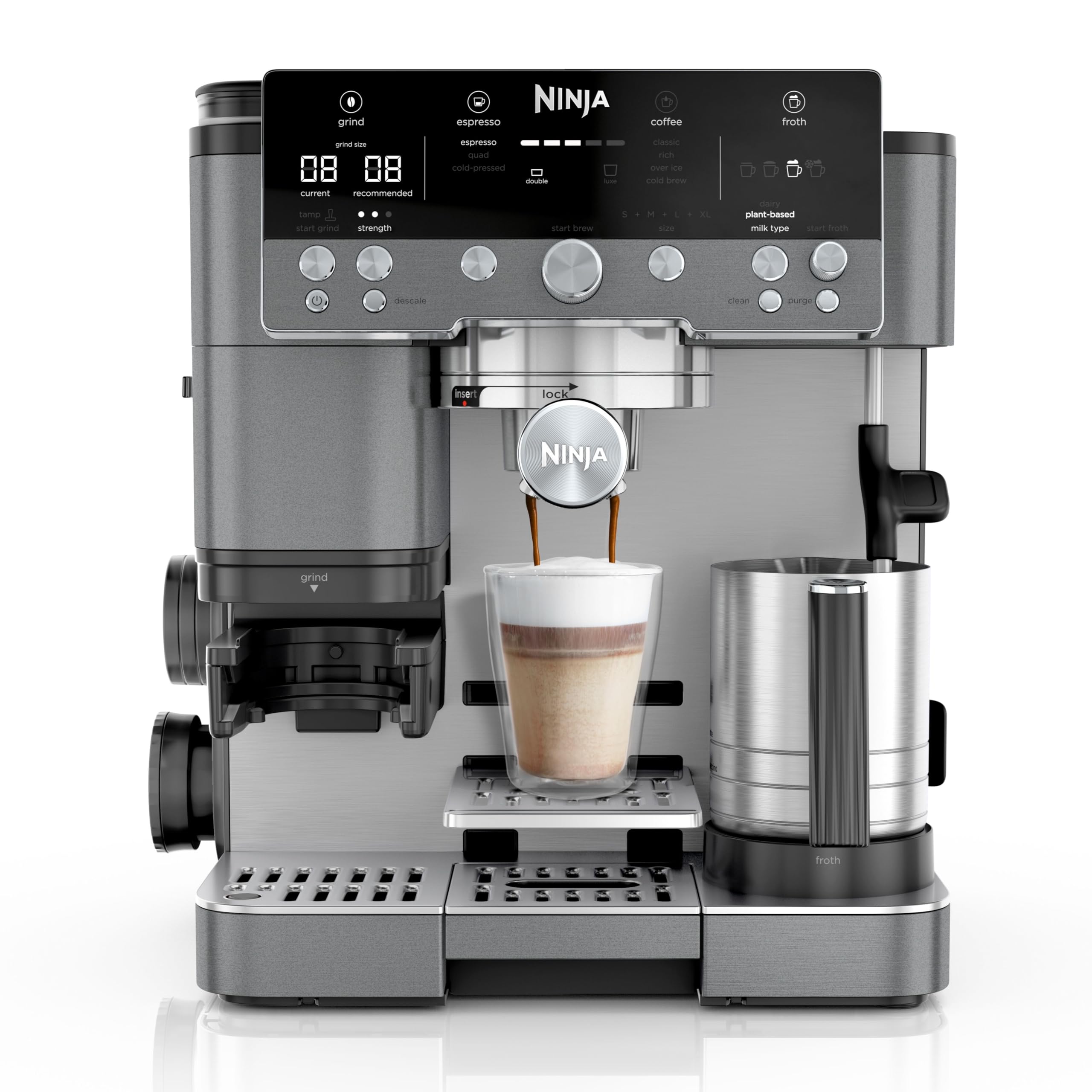 Ninja Luxe Pro 3-in-1 Coffee Machine, Latte, Cappuccino, Cold Brew & Espresso Maker With Built in Bean Grinder & Milk Frother, Easy to Use, 5 Automated Froth Presets, Silver, ES701UK