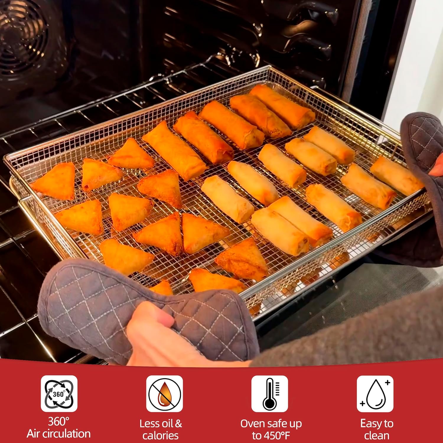 Air Fryer Basket for Oven with 50 Recipes, Extra Large 2 Piece Nonstick Crisper Tray & Basket, Stainless Steel Air Fryer Accessories for Crispy Foods Healthy Cooking, Dishwasher Safe, 16.5” x 12.5”