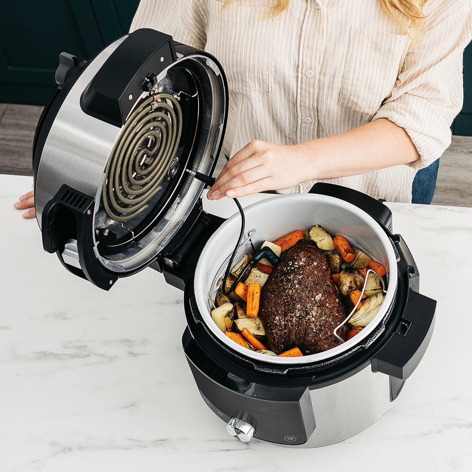 Ninja Foodi MAX 15-in-1 SmartLid Multi-Cooker 7.5L with Digital Probe, Electric Pressure Cooker & Air Fryer, Slow Cook and more, Cooks 6 Portions, Stainless Steel/Black OL750UK