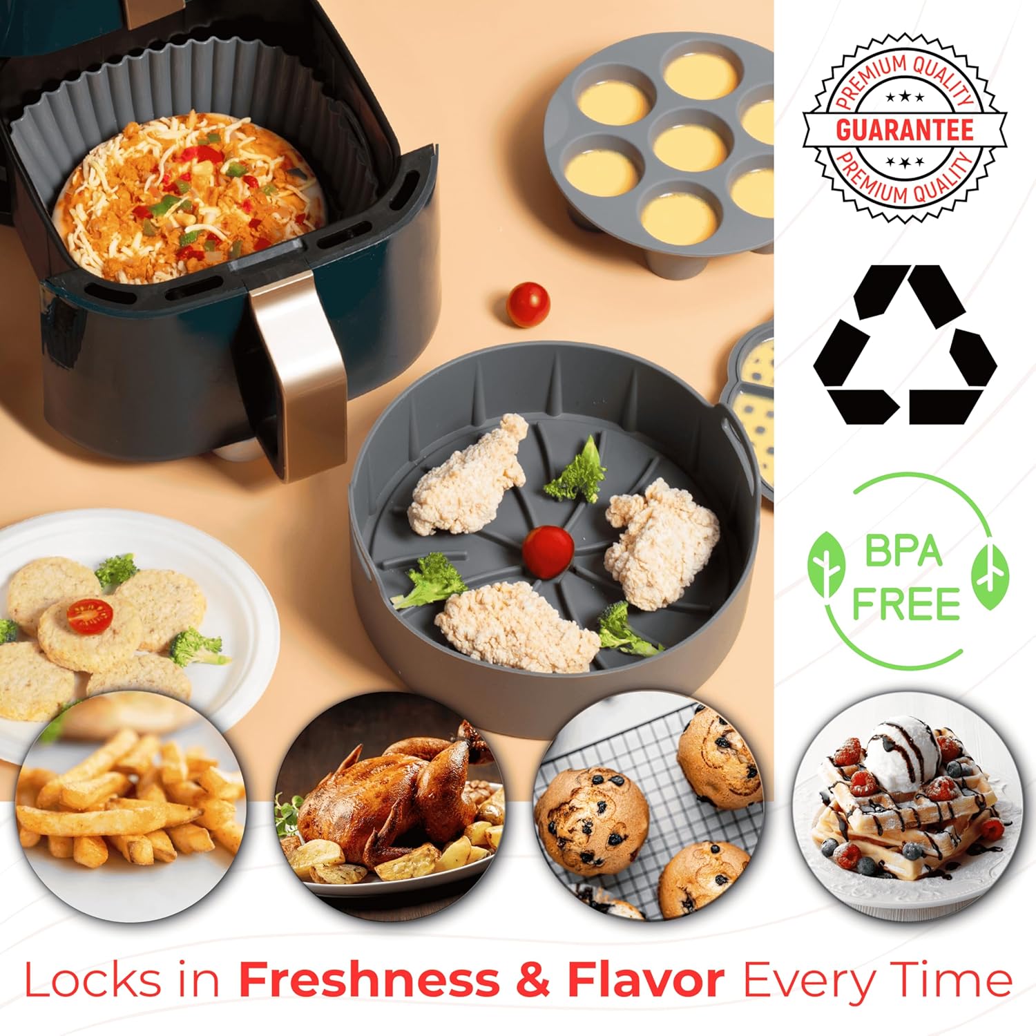 EM Air Fryer Silicone Liners, 5-pack reusable silicone air fryer liners, Replacement Of Flammable Parchment Liner Cupcake Mold, Silicone Air Fryer Liners Basket,Silicone Baking Tray Pots