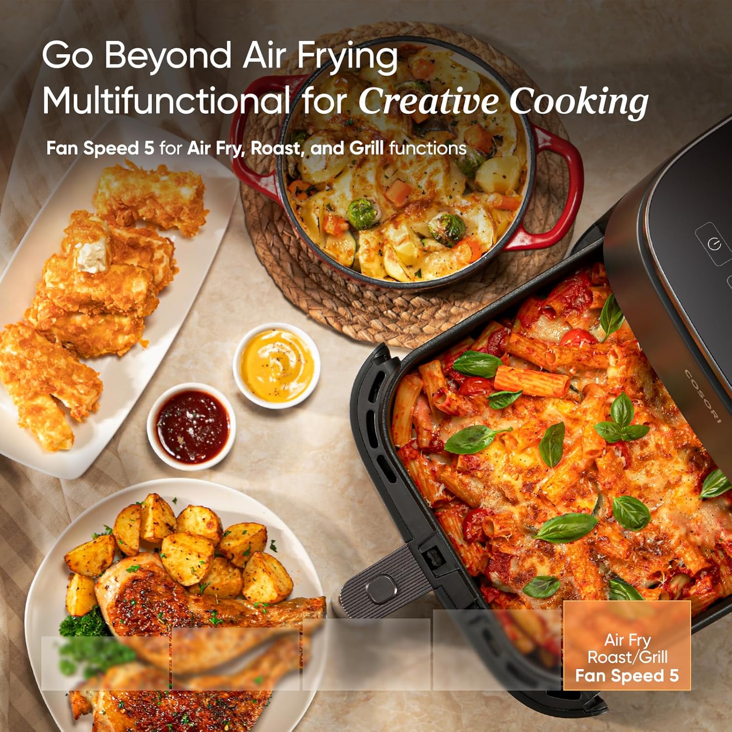 COSORI Air Fryer TurboBlaze, 6L Compact Design, 9 Functions with 5 Auto Fan Speeds Airflow System, Fast and Energy Saving, 30โ to 230โ, Quiet, 110+ Recipes, Oil Free, Non-stick, Dishwasher Safe