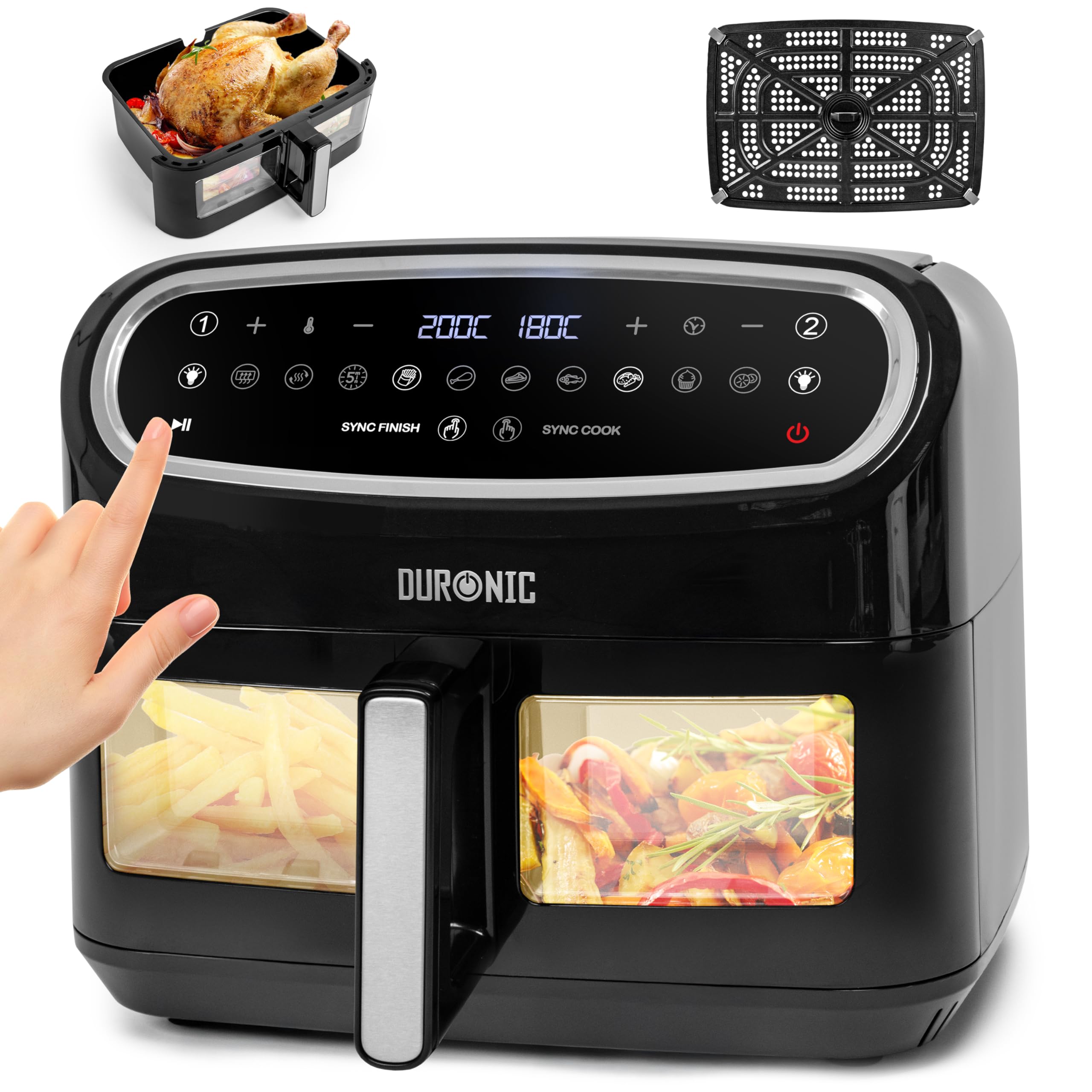 Duronic Twin Air Fryer AF24 10L Digital Large Air Fryer Dual Basket Visual Window 2400W Sync Cook Sync Finish 10 Presets Quick Cook Dishwasher Safe Oil-Free Healthy Cooking Family Size Multi Cooker
