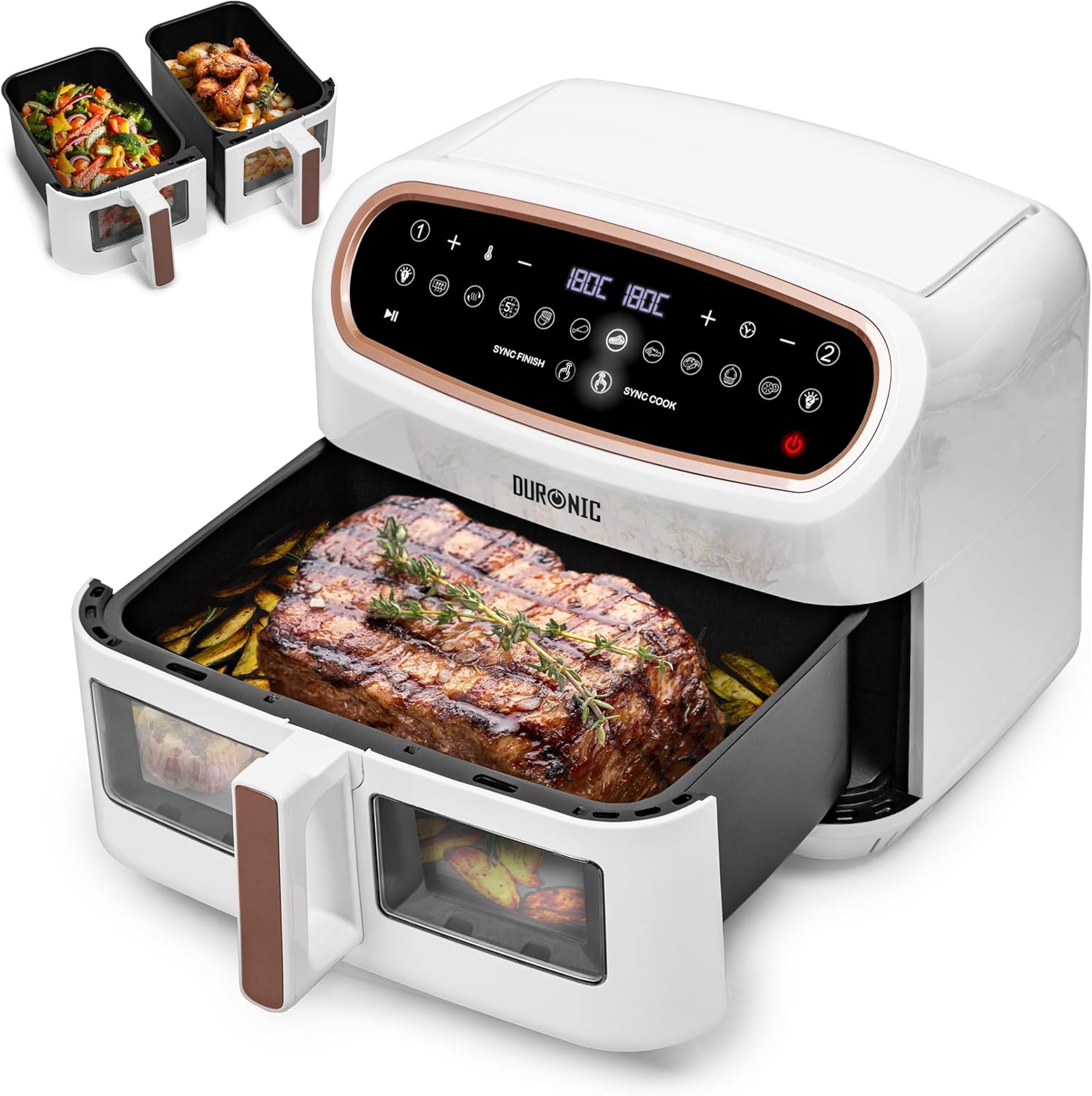 Duronic XXL Air Fryer AF34 WE 10L Digital Family Size Air Fryers Oil Free Triple Drawers 10in1 Dual Zone Extra Large AirFryer for Family Cooking with Dishwasher Safe Non-Stick Baskets White