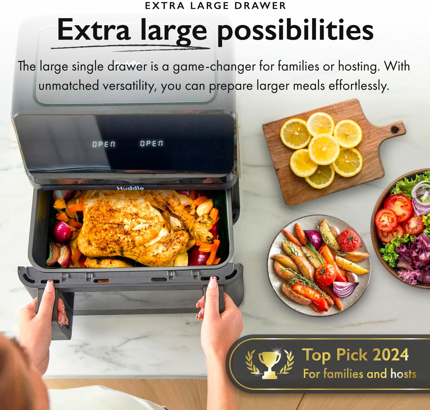 Huddle® 9L Air Fryer with Dual Flexi Baskets, Digital Touchscreen, 8 Cooking Modes, Adjustable Temperature, Viewing Window, Dishwasher-Safe, and Healthy Cooking Technology for Families and Meal Prep