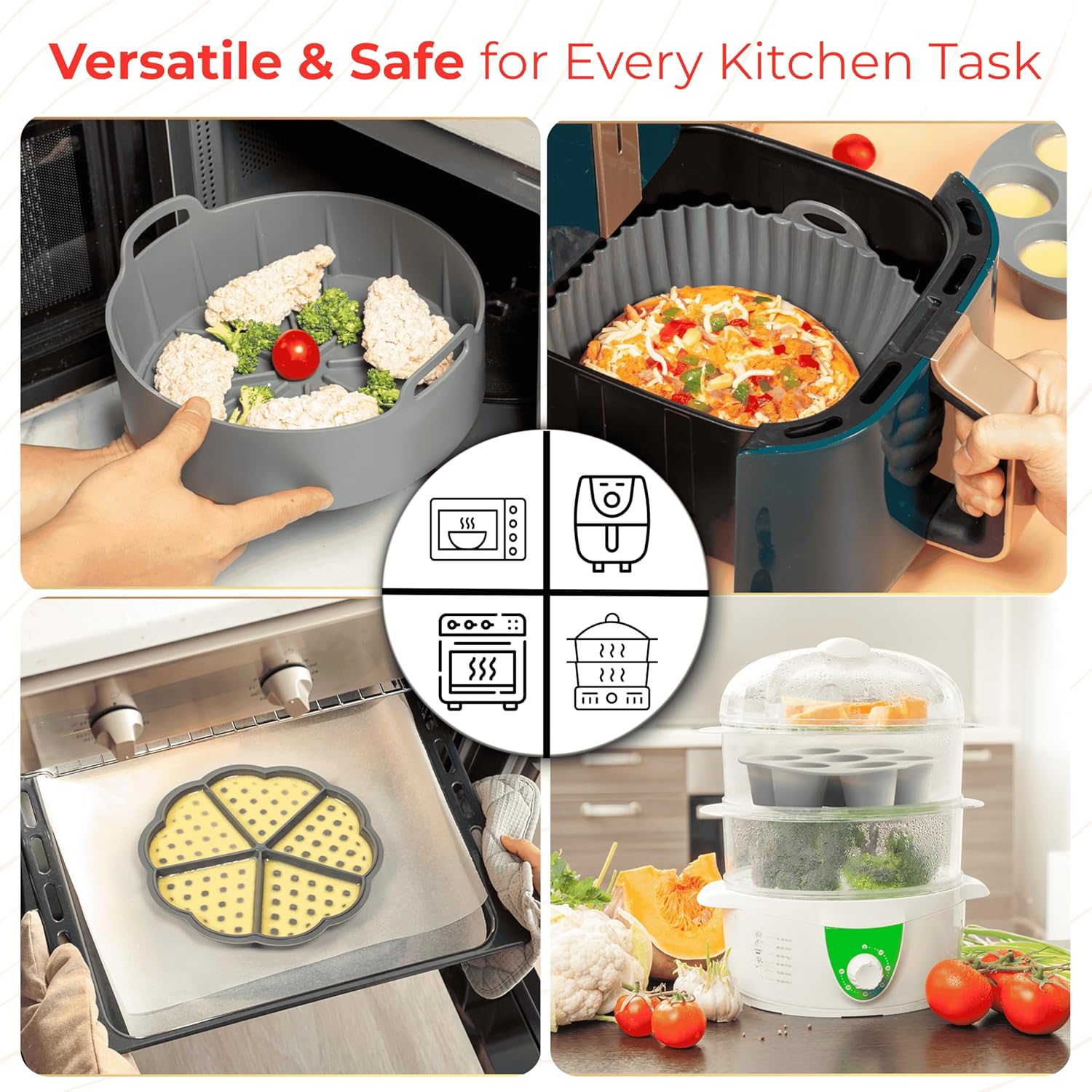 EM Air Fryer Silicone Liners, 5-pack reusable silicone air fryer liners, Replacement Of Flammable Parchment Liner Cupcake Mold, Silicone Air Fryer Liners Basket,Silicone Baking Tray Pots