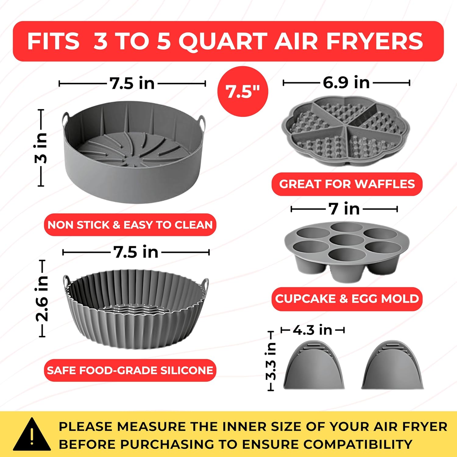 EM Air Fryer Silicone Liners, 5-pack reusable silicone air fryer liners, Replacement Of Flammable Parchment Liner Cupcake Mold, Silicone Air Fryer Liners Basket,Silicone Baking Tray Pots