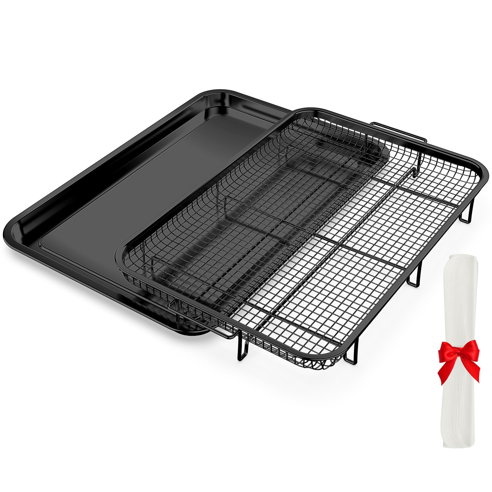 Air Fryer Basket, OPENICE 2 Set Air Fryer Pan and Crisper Tray for Oven, Non-stick Oven Air Fryer Basket for Baking and Crispy Foods - Black