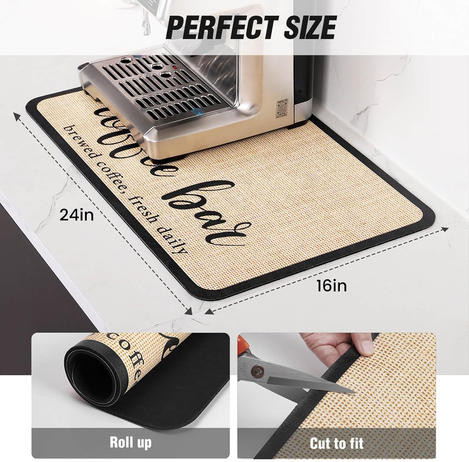 DK177 Coffee Bar Mat - Hide Stain Absorbent Drying Mat with Waterproof Rubber Backing - Fit Under Coffee Maker, Machine, Pot or Espresso Machine (19''X12'')