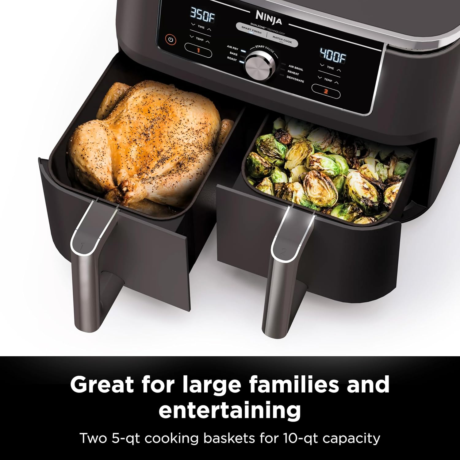 Ninja DZ401 Foodi 10 Quart 6-in-1 DualZone XL 2-Basket Air Fryer with 2 Independent Frying Baskets, Match Cook & Smart Finish to Roast, Broil, Dehydrate & More for Quick, Easy Family-Sized Meals, Grey
